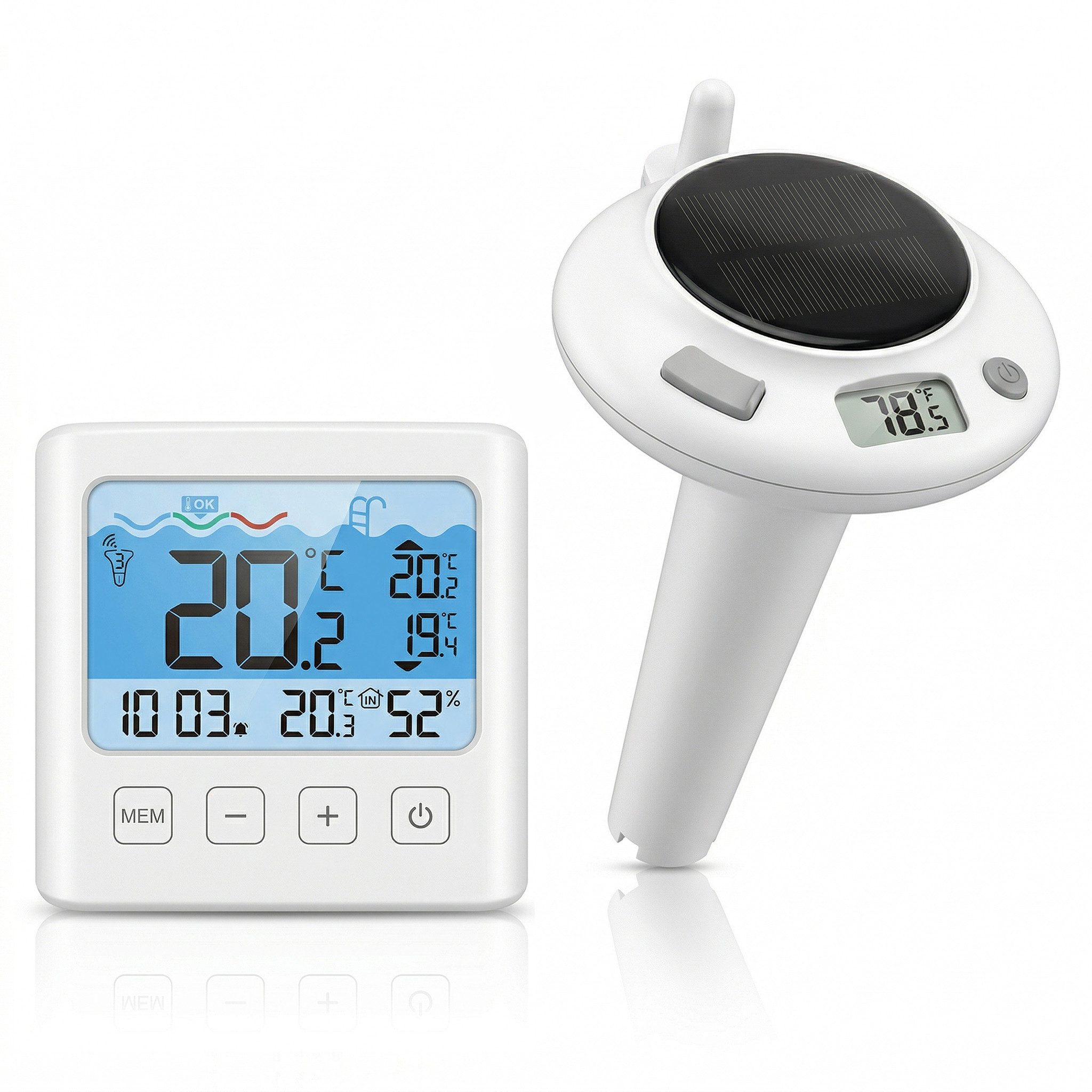 BEARWARE Schwimmthermometer Schwimmthermometer, Poolthermometer mit Wetterstation, Funk, digital, Set 2-tlg., Pool-Thermometer, Basisstation, USB-C-Ladekabel & Seil, Wassertemperatur, Luftfeuchte, Innentemperatur, Außentemperatur, Solar