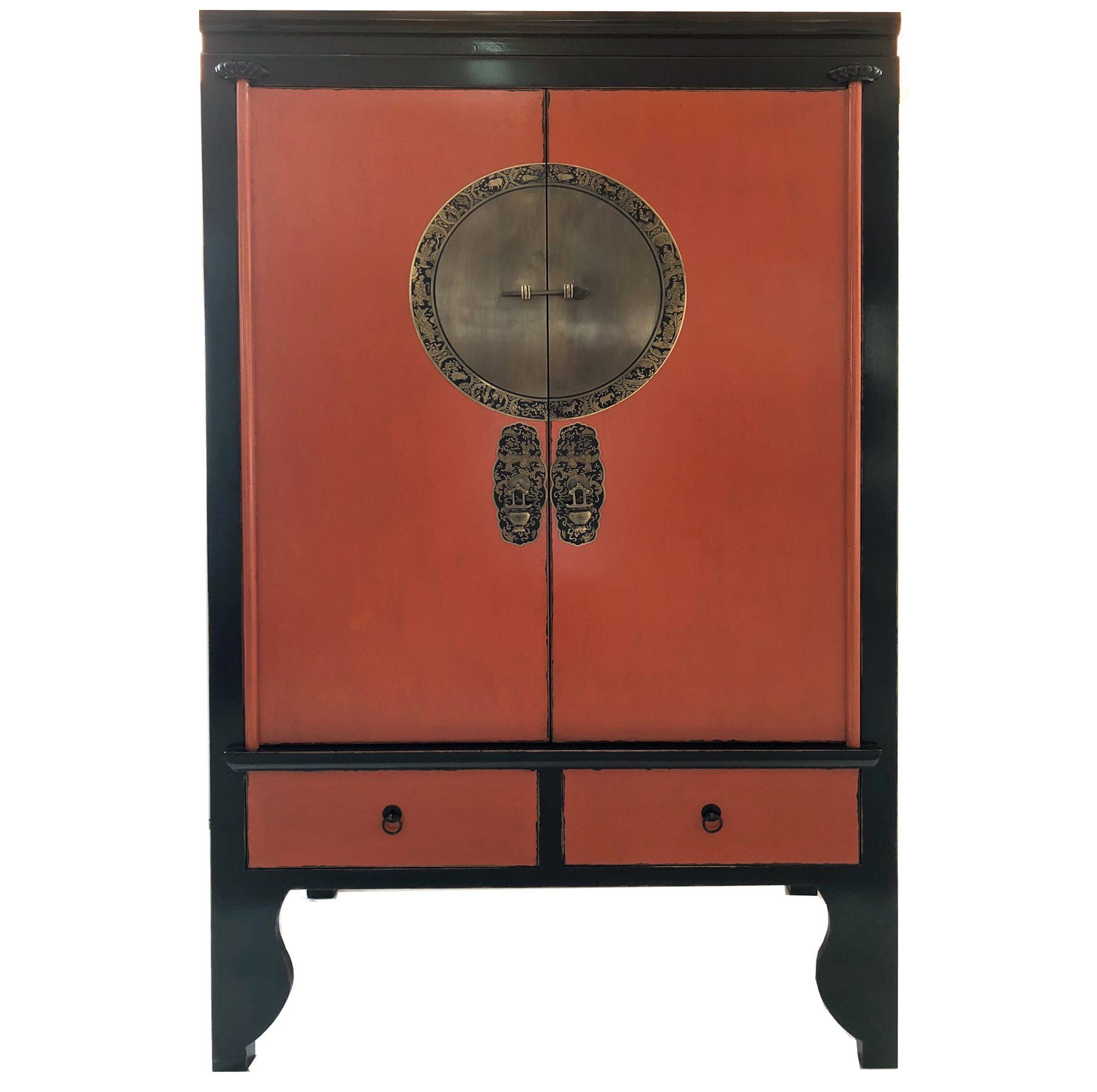 OPIUM OUTLET Kleiderschrank Hochzeitsschrank Schrank Kommode Hochkommode Hochschrank (Asia Möbel Vintage-Stil Landhaus Shabby-Chic Antik-Stil, komplett montiert, chinesisch asiatisch orientalisch) Farbe orange-schwarz; Breite 105 cm; Höhe 175 cm; Tiefe 55 cm
