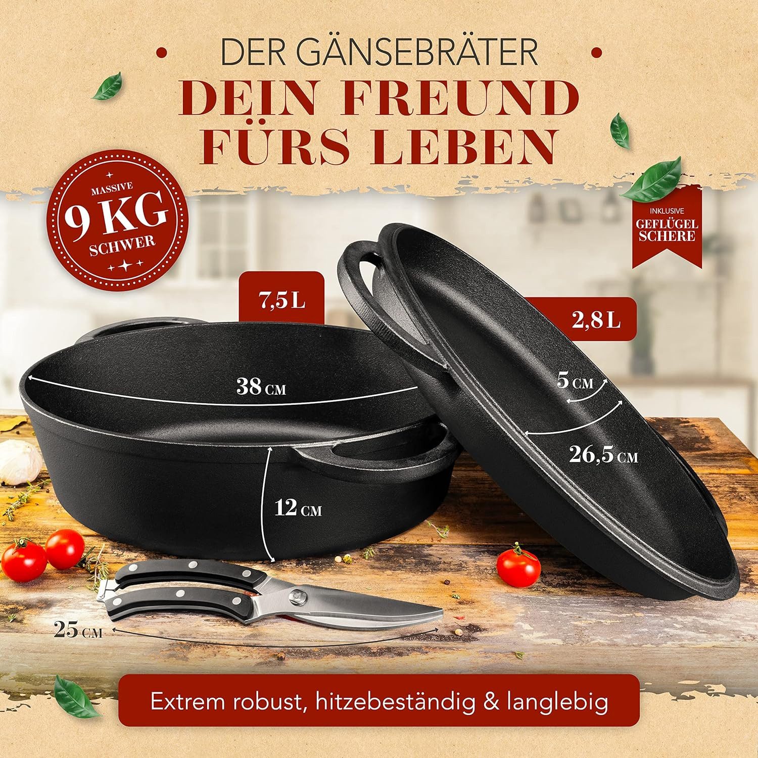Krustenzauber Bräter 38cm Gusseisen Bräter mit Deckel backofengeeignet inkl. Geflügelschere, (9kg Gänsebräter - Idealer Topf XXL, Schmortopf, Bratentopf, Induktion, Gusseisenpfanne)