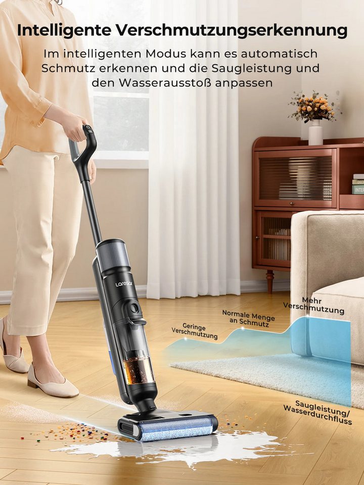 Laresar Bodenstaubsauger M3 Kabelloser Nass- und Trockensauger mit Wischfunktion Bodenreiniger, 230 W, 13.000PA, 55 Min. Laufzeit, 230W, 8 × 2500mAh Batterien