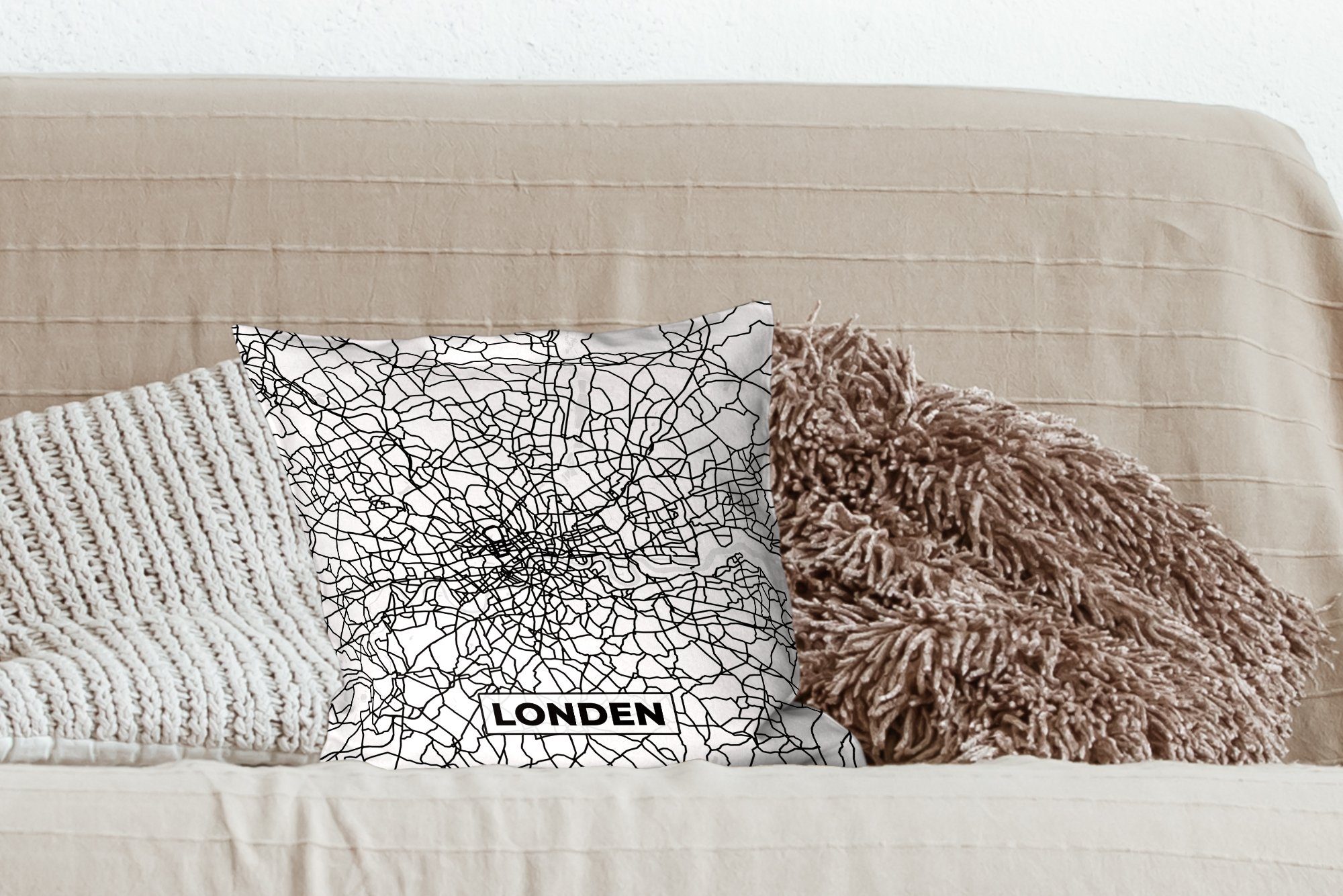Dekokissen Sofakissen Deko, - London Weiß Stadtplan mit und Wohzimmer, Zierkissen Füllung Schlafzimmer, - für Karte, MuchoWow - Schwarz