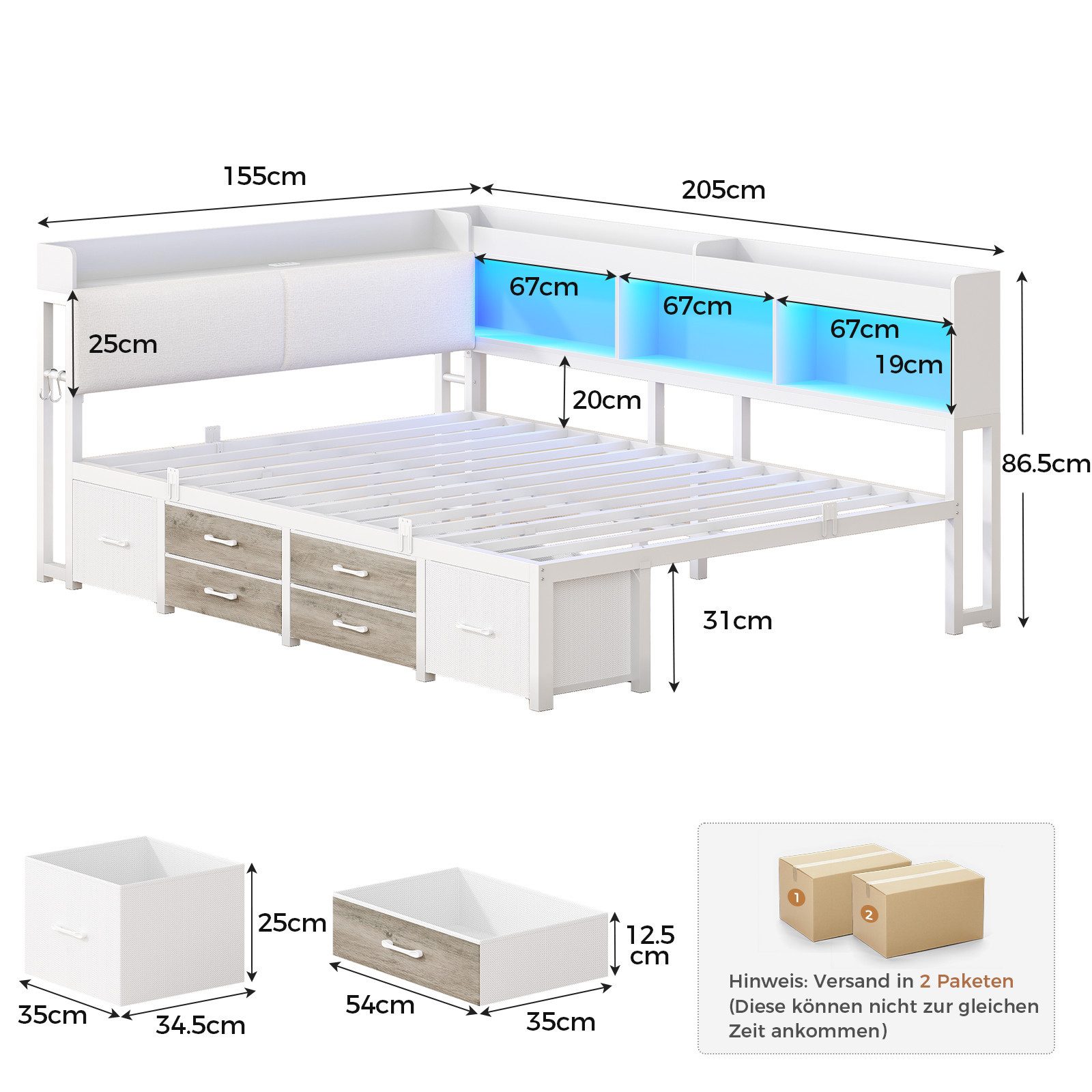 MSMASK Daybett Tagesbett Schlafsofa mit LED-Beleuchtung & Ladestation, Jugendbett mit 6 Staufächern und 6 Schubladen – Liegefläche 140x190 cm – Bild 2 von 5