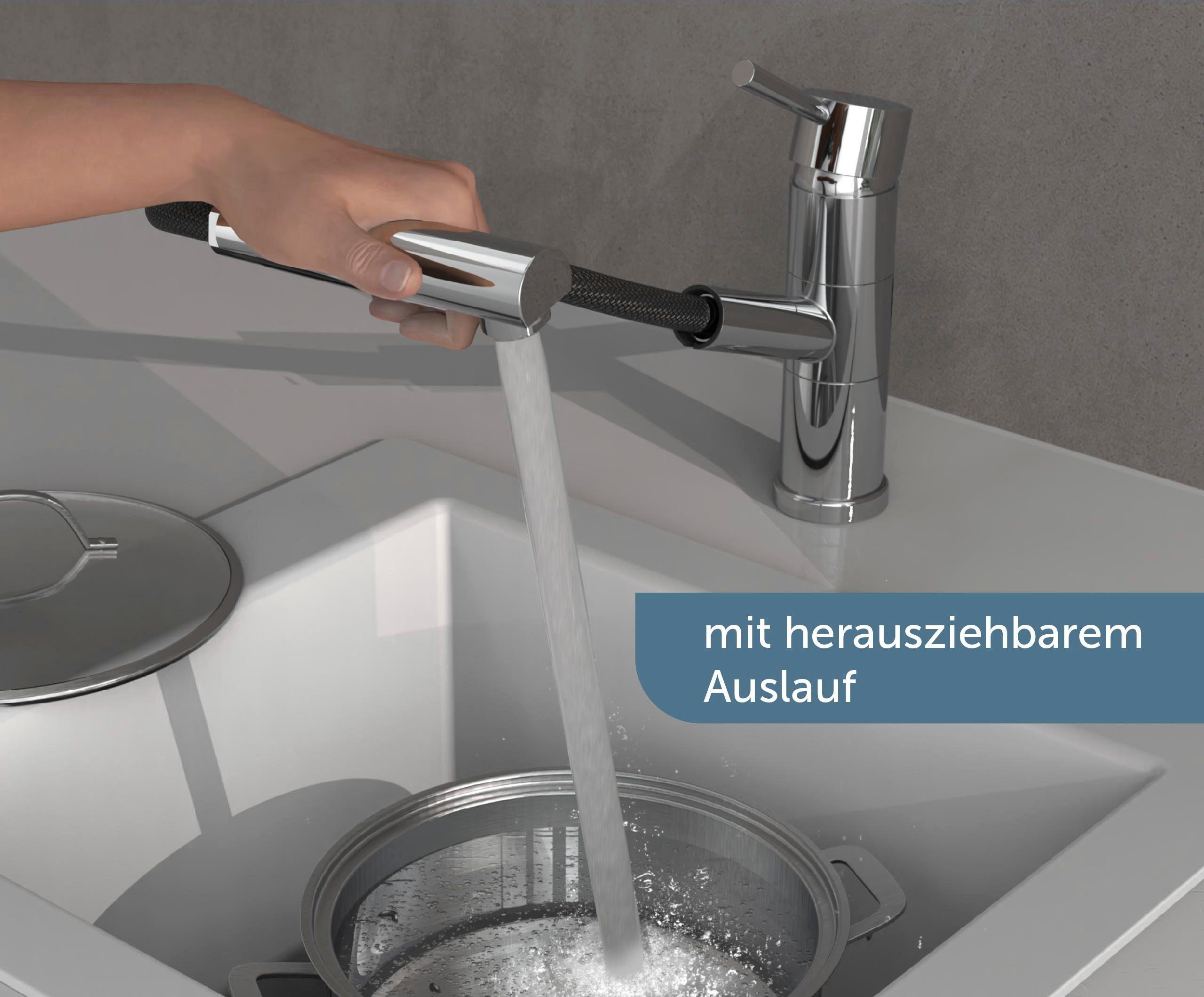 Schütte mit Chrom ausziehbar UNICORN Spültischarmatur Wasserhahn (Mischbatterie) Hochdruck Geschirrbrause, Küchenarmatur