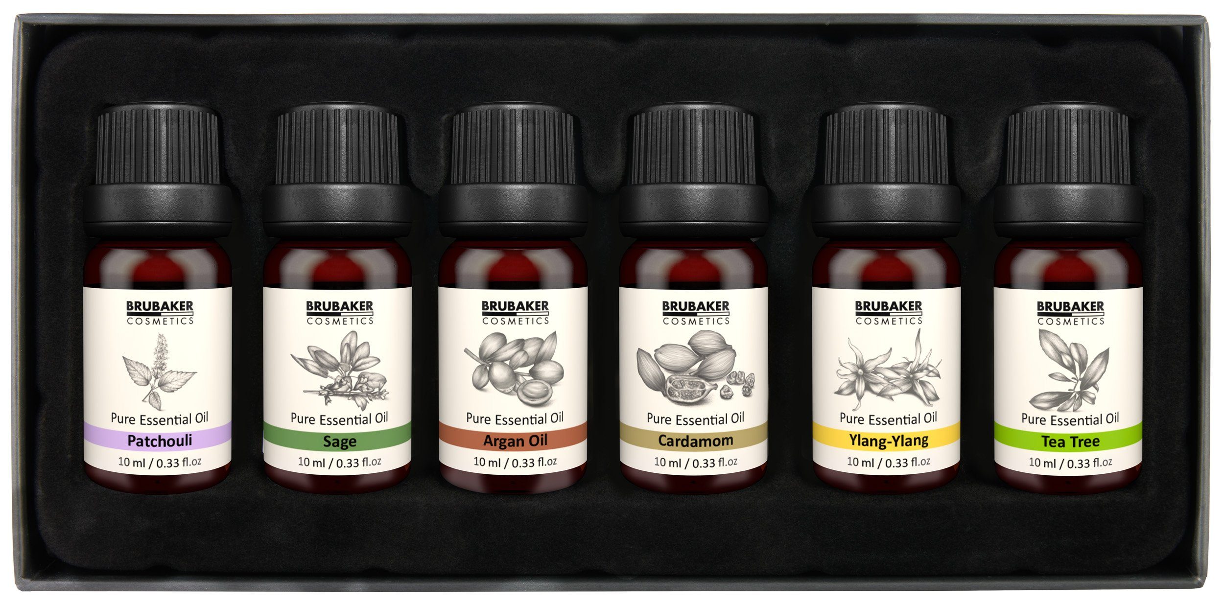 BRUBAKER Duftöl 6er-Set Ätherische Öle Aromatherapieöle 6 x 10 ml Naturrein (Duftöl für Diffusor Luftbefeuchter, Patchouli Salbei Ylang-Ylang Kardamom Argan Teebaum), Ätherische Öle Aromatherapie Geschenkset