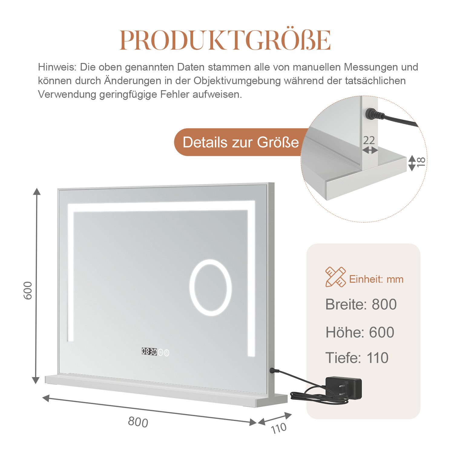 AQUABATOS Schminkspiegel Hollywood Spiegel Kosmetikspiegel mit Beleuchtung und Vergrößerung (80 x 60cm 70x50cm, Digital Uhr, 3 Lichtfarben, Dimmfunktion, mit deutscher Stecker)