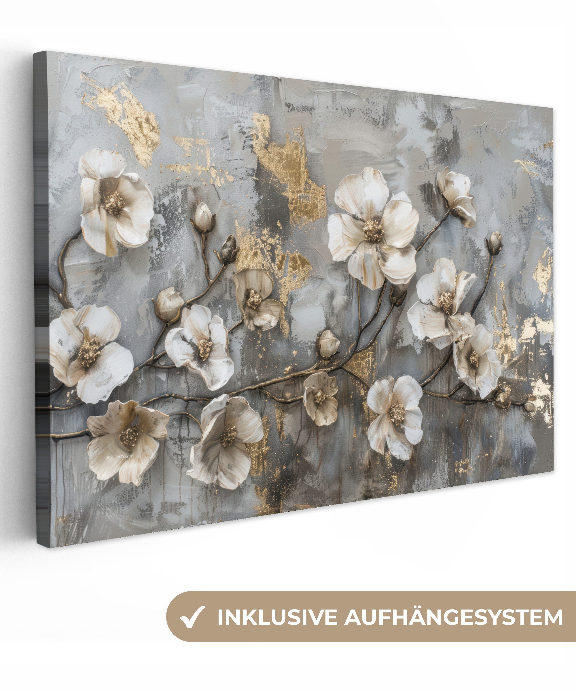 OneMillionCanvasses® Leinwandbild Blumen - Weiß - Grau - Gold - Luxus, Foto günstig online kaufen