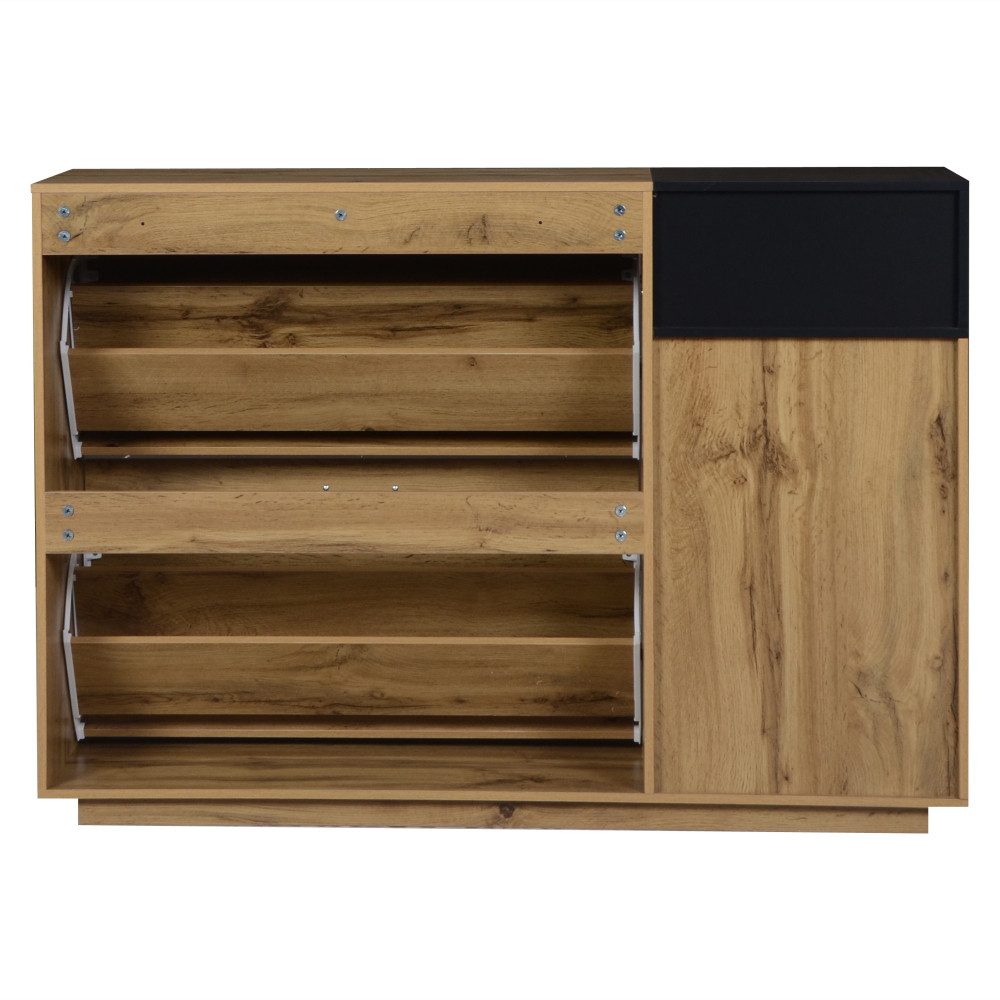 BBWL Schuhschrank mit 2 Klappfächern und 3 offenen Regalen MDF Sideboard in Holzoptik Schuhschrank für Flur Eingang 120 cm
