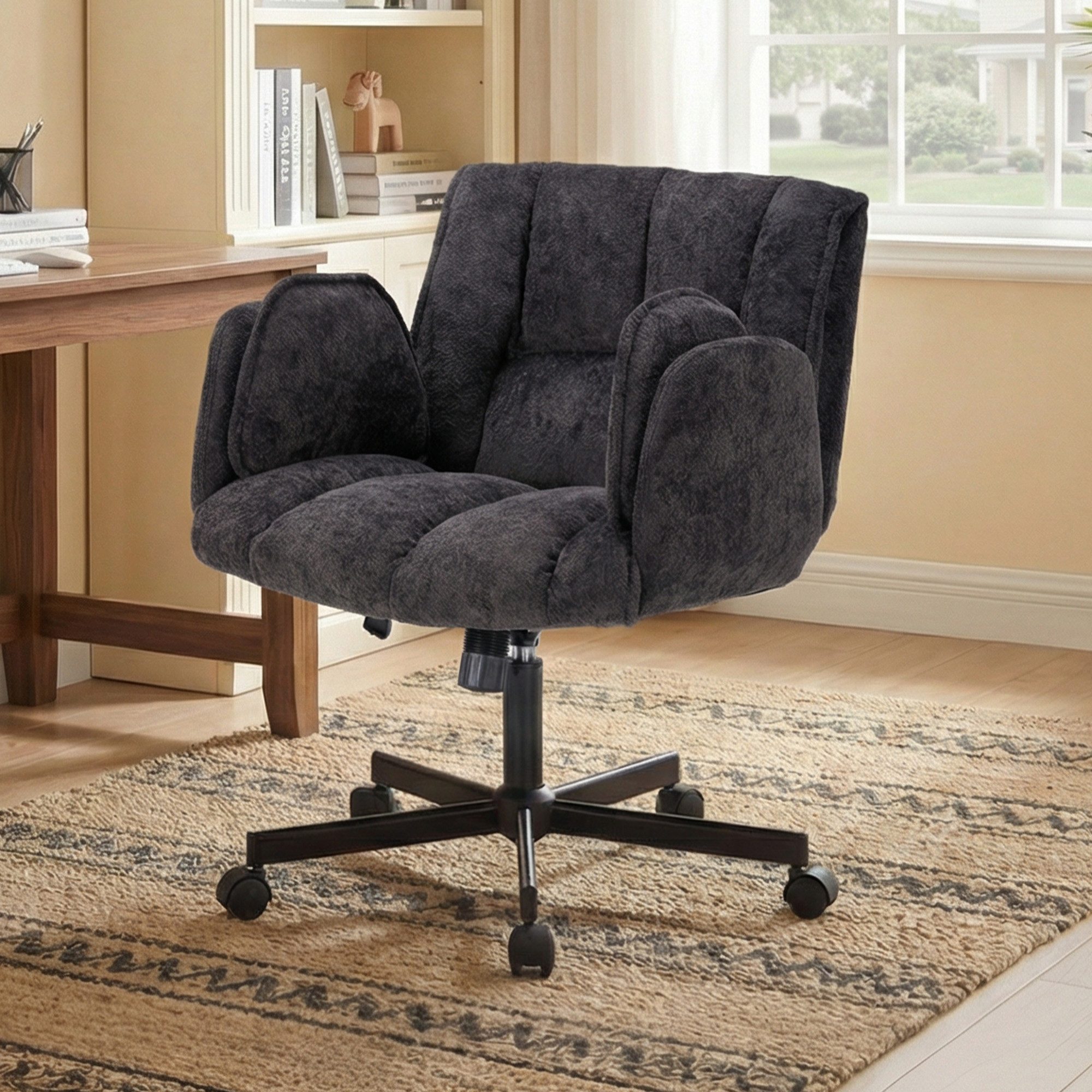 Leawin Drehstuhl Ergonomischer Bürostuhl mit Air-Lordosenstütze und Rollen, Mit breitem Sitz, klappbaren Armlehnen und weicher Polsterung