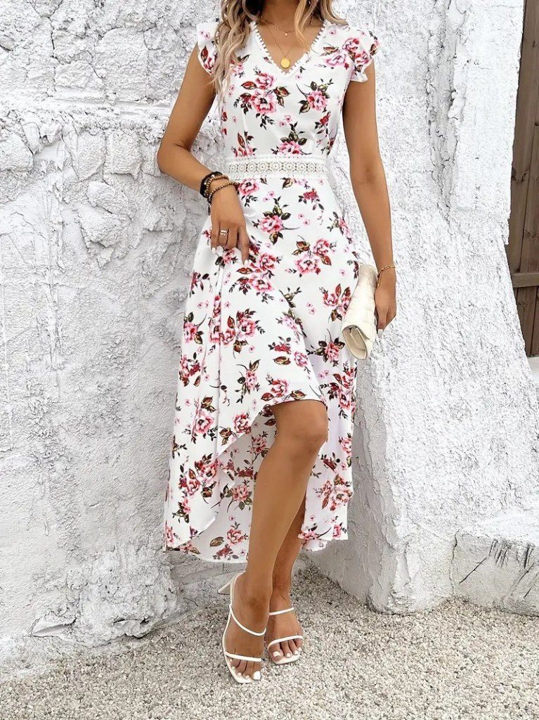 Moda Yakamoz Minikleid JANES Blumen V-Ausschnitt Kurzarm Suprem Kleid günstig online kaufen