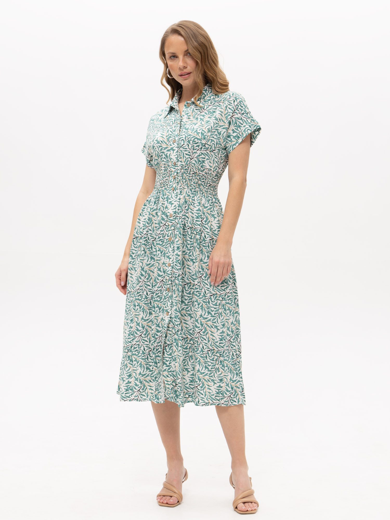 Passioni Hemdblusenkleid mit floralem Muster Hemdblusenkleid mit gesmockter Taille und grünem Muster
