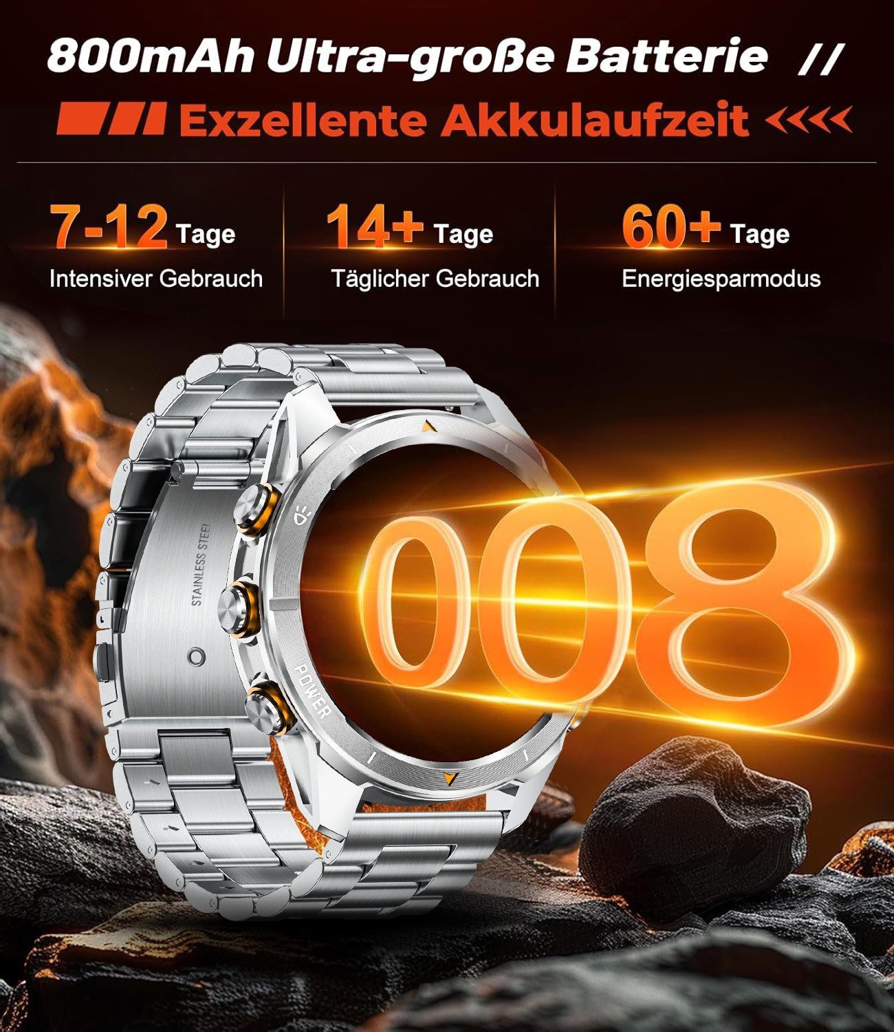 SWGOTA Smartwatch Herren Militär mit 800mAh großer Akku 1,46" AMOLED-Display Smartwatch, Fitnesstracker mit 100+ Sportmodi/Herzfrequenz/Blutdruck/SpO2, Fitnessuhr Herren für Android iOS mit Schlafüberwachung