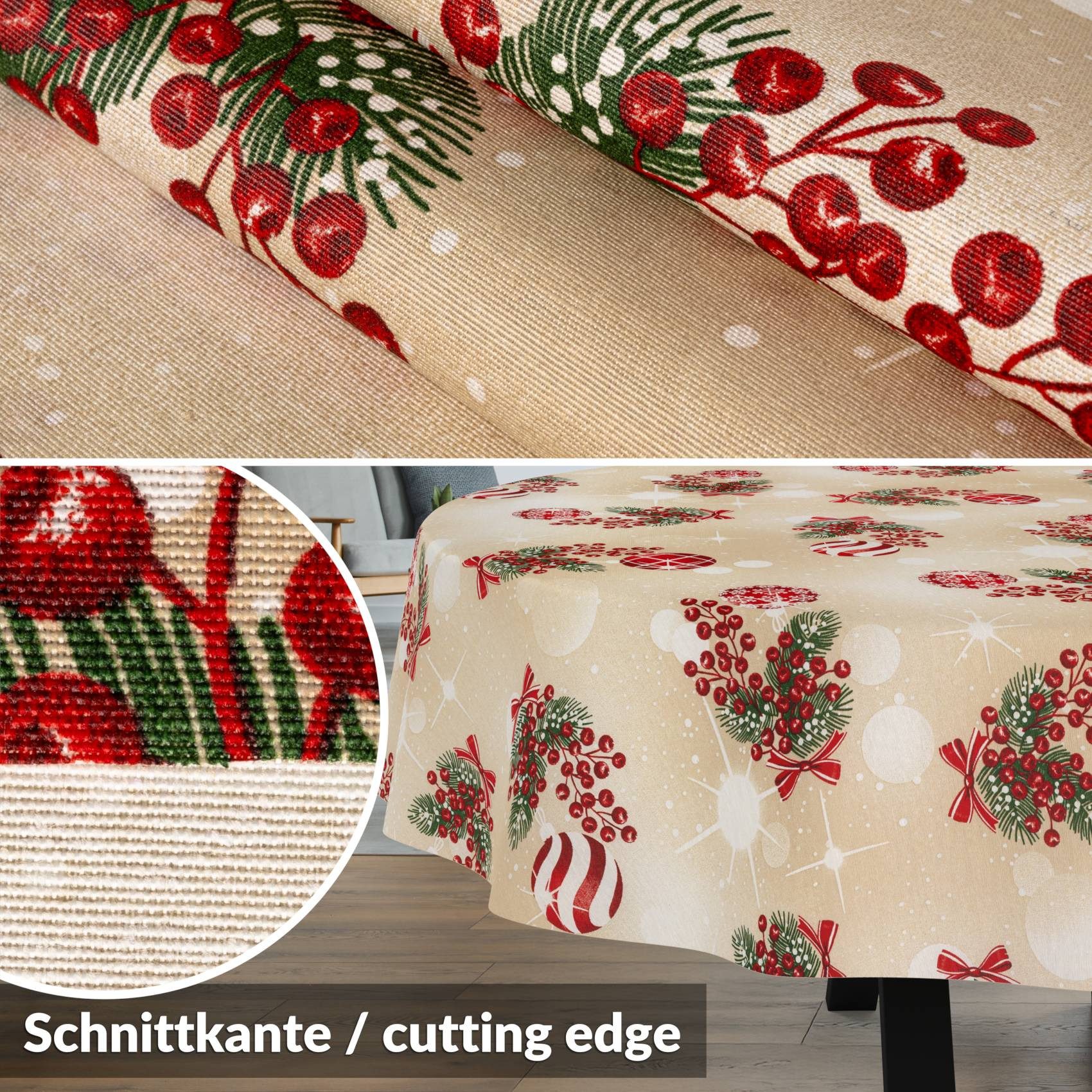 ANRO Tischdecke Weihnachten abwaschbare Weihnachtstischdecke (Einzelstück 1-tlg), Schmutzabweisend Weihnachten Beige Oval 160x140cm
