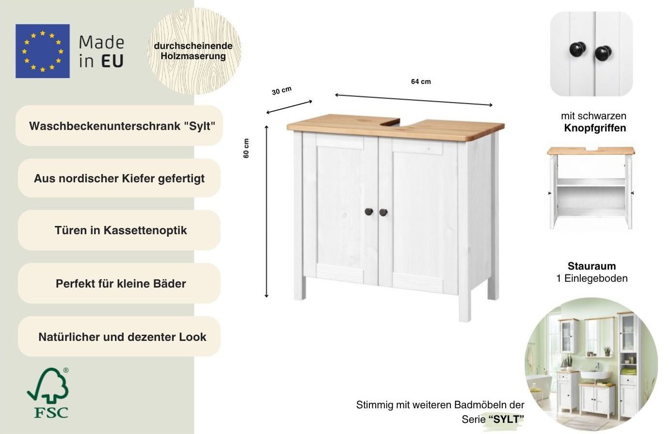 welltime Waschbeckenunterschrank Landhaus Sylt, Badschrank, Badmöbel, FSC®-zertifiziert Badmöbel im Landhaus-Stil, Breite 64 cm, aus Massivholz