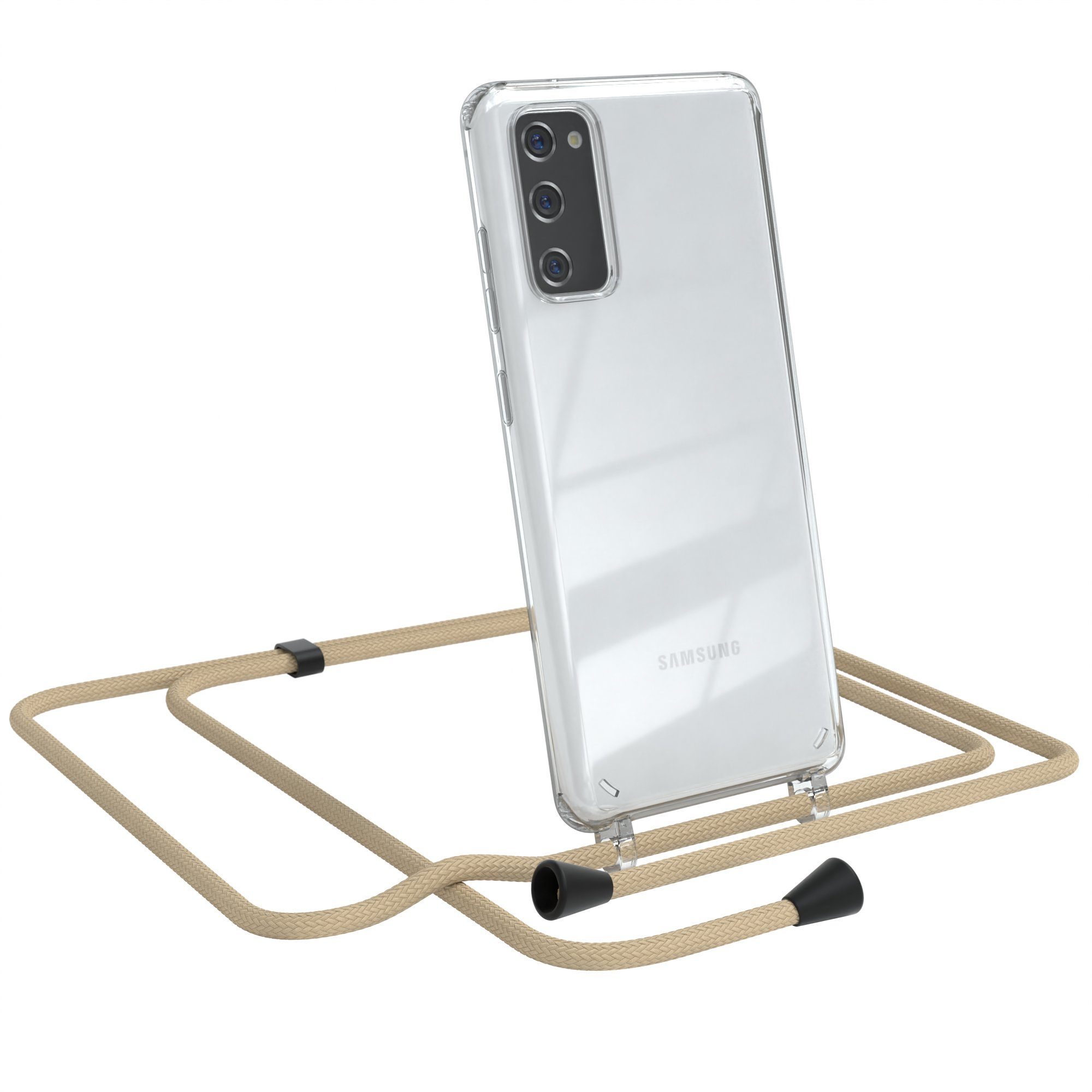 EAZY CASE Handykette Kette Clips Schwarz für Samsung Galaxy S20 FE / 5G 6,5 Zoll, Handykordel Umhängetasche für Handy Hülle durchsichtig Beige Taupe