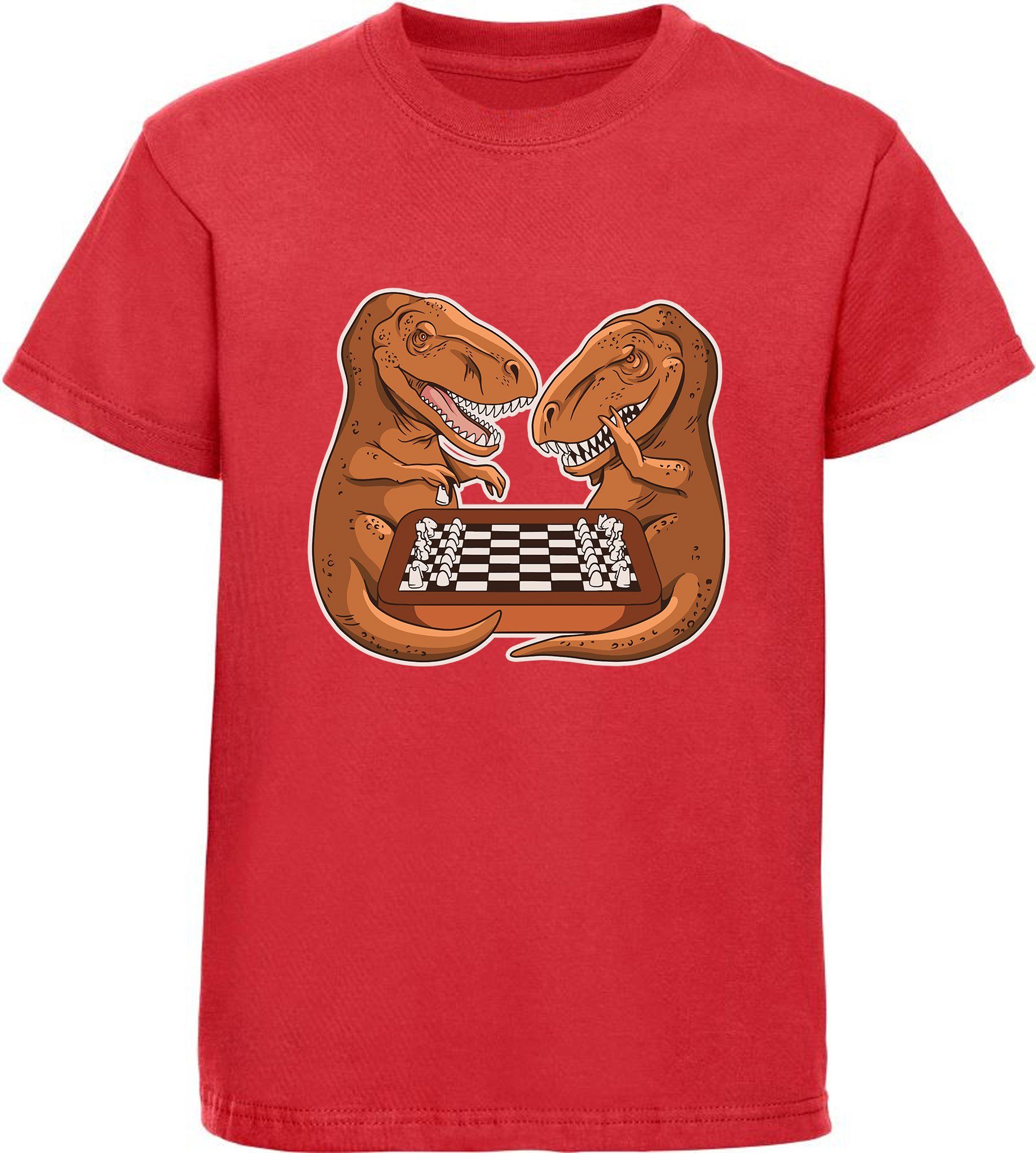 MyDesign24 Print-Shirt bedrucktes Kinder T-Shirt mit T-Rex beim Schach Baumwollshirt mit Dino, schwarz, weiß, rot, blau, i67