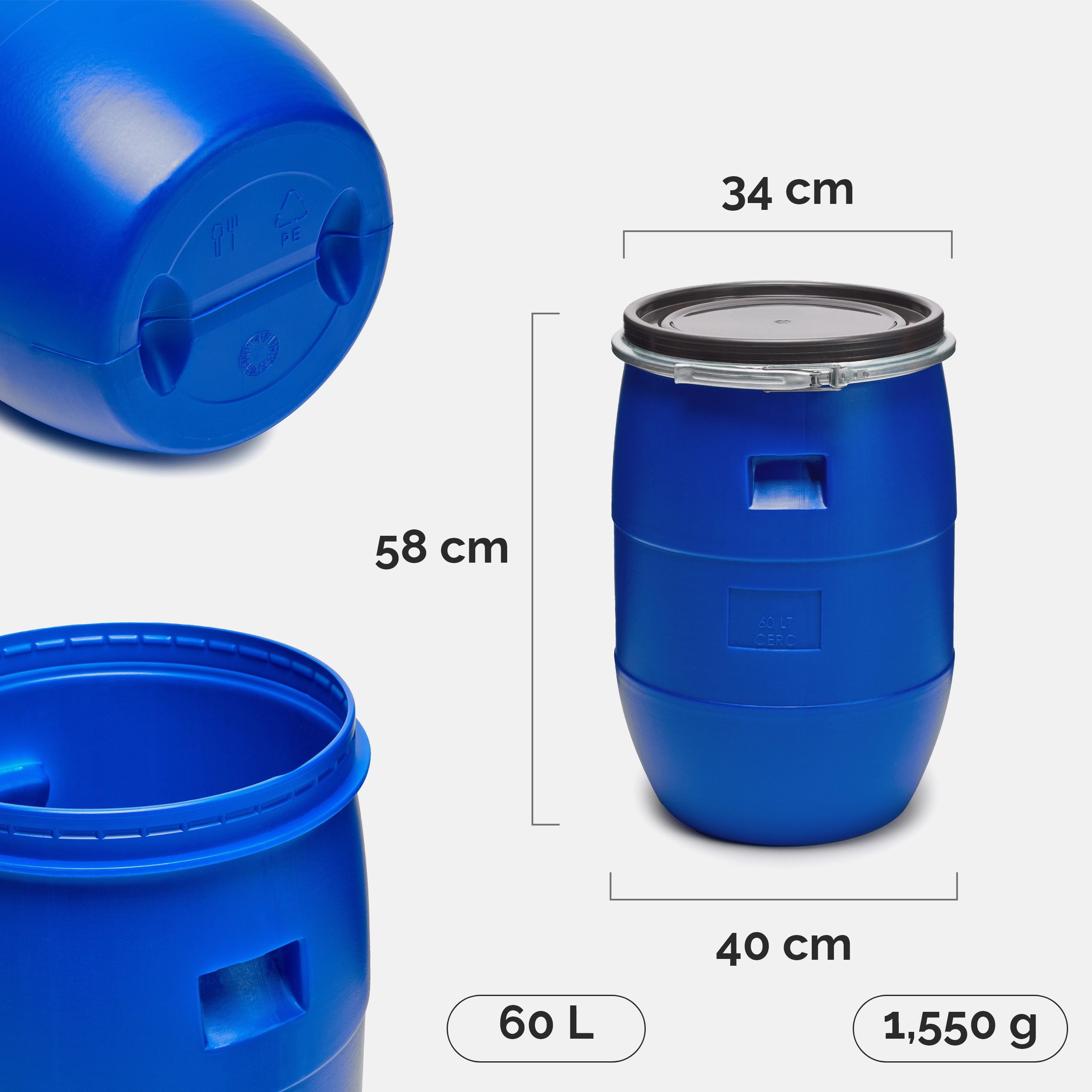 Garronda Regentonne Set 60 Liter Weithalsfass HDPE Lebensmittel Fass mit Deckel GD-0122, 60 l, (2-tlg), BPA-Frei – Bild 3 von 5