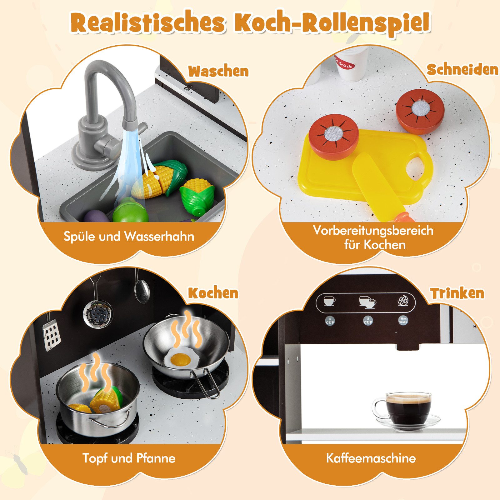 COSTWAY Spielküche, Kinderküche, mit Lichtern, 110 x 43 x 92 cm