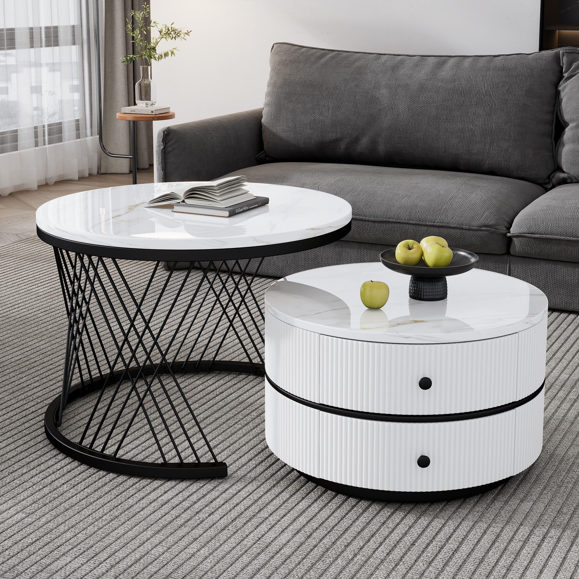 STILVORA Couchtisch mit Schubladen,2er-Set Wohnzimmertisch Sofatisch mit Marmoroptik (Sofatisch, Wohnzimmertisch, 2-St., 60*60*46cm & 50*50*30.8cm), mit 2 Schubladen, hochglänzender Marmoroptik