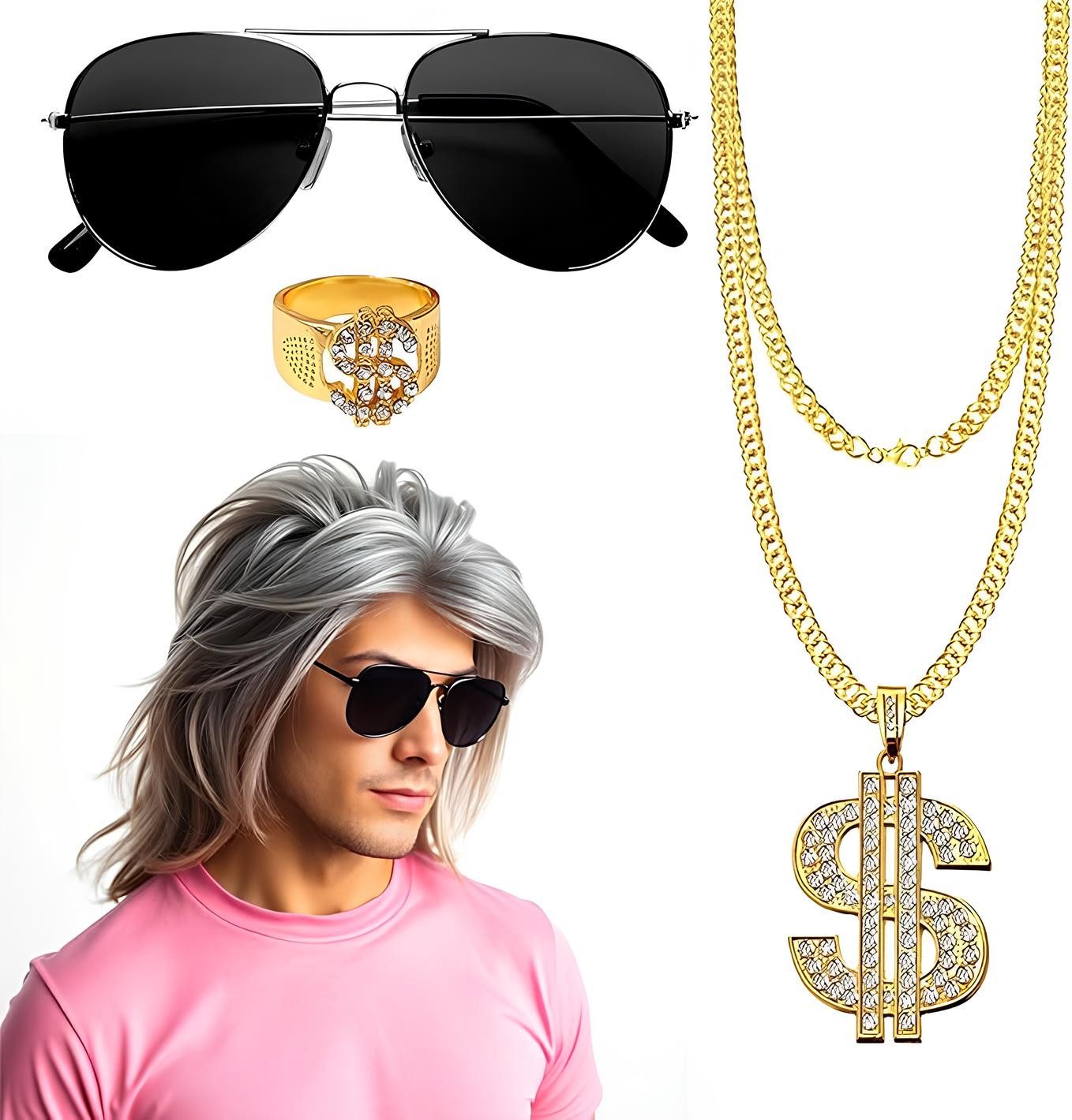 Kostüm 4 in 1 Vokuhila Set mit Ring, Perücke, Goldkette, Brille - Fasching