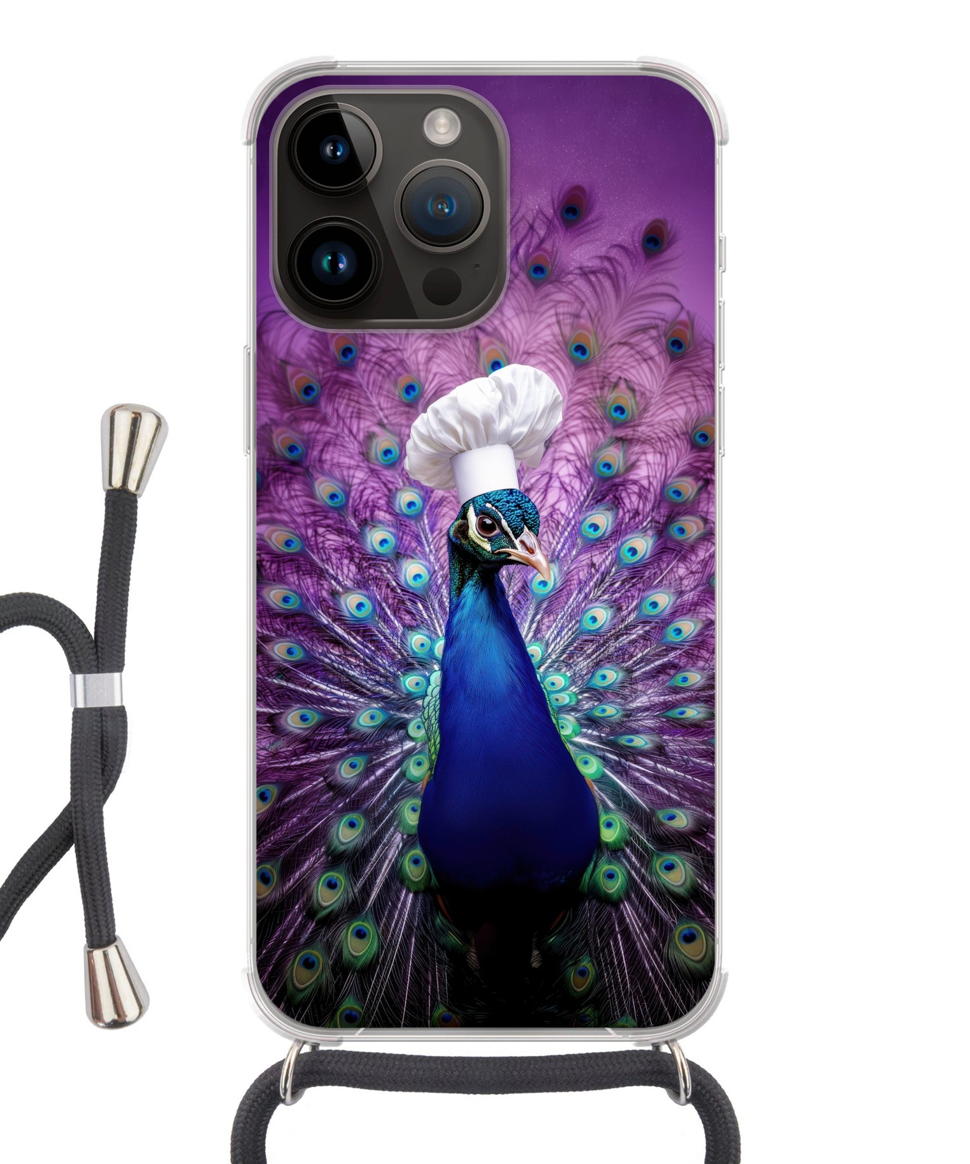 MuchoWow Handyhülle für Apple iPhone 14 Pro Pfau - Kochmütze - Cool - Lila, Tragbare Handyhüllen mit Kette zum umhängen, Handykette Handyband