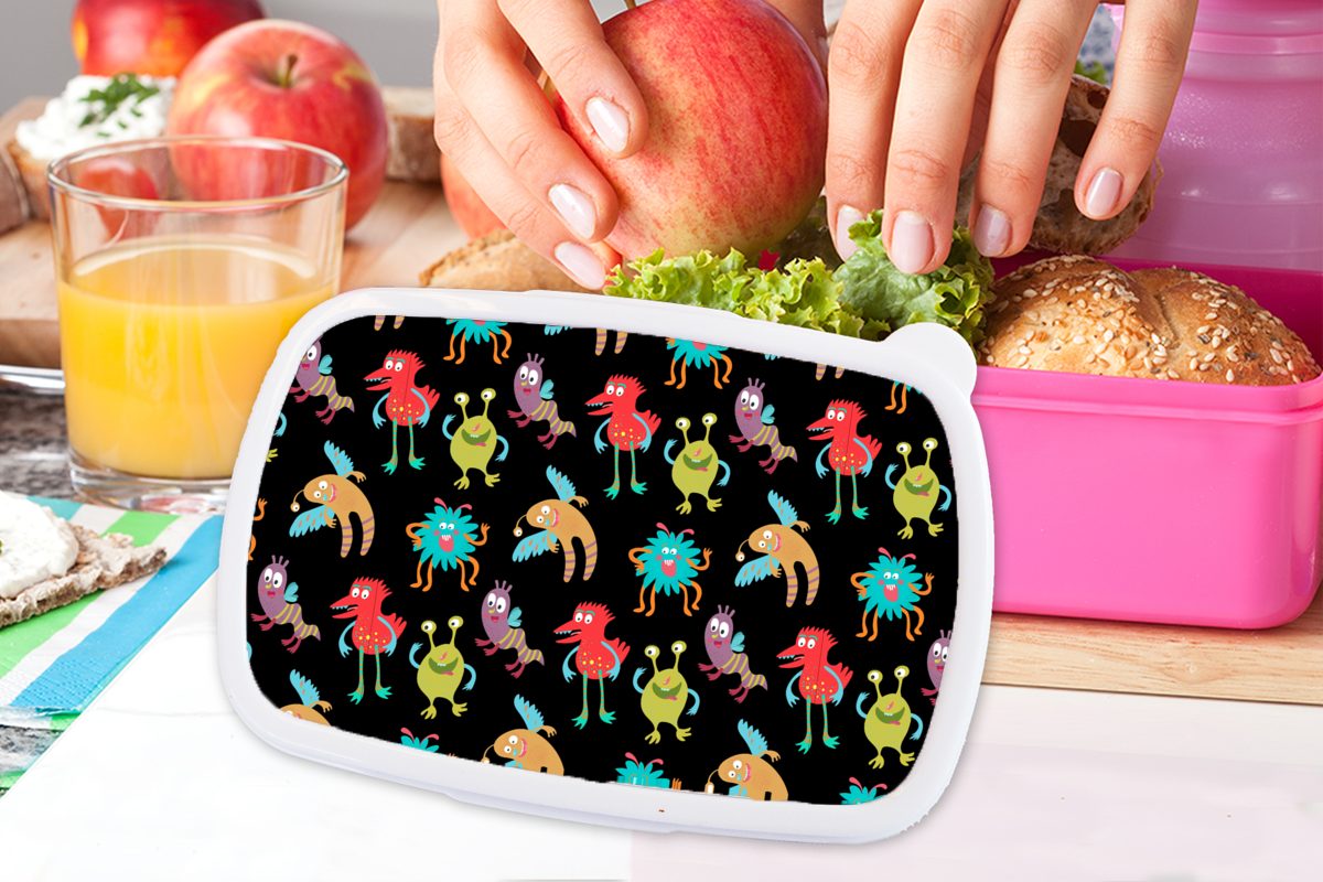 MuchoWow Lunchbox - (2-tlg), Design Erwachsene, Brotdose rosa für Kunststoff, Monster Kinder Mädchen, Snackbox, Kunststoff Kinder, - Brotbox - Farbe