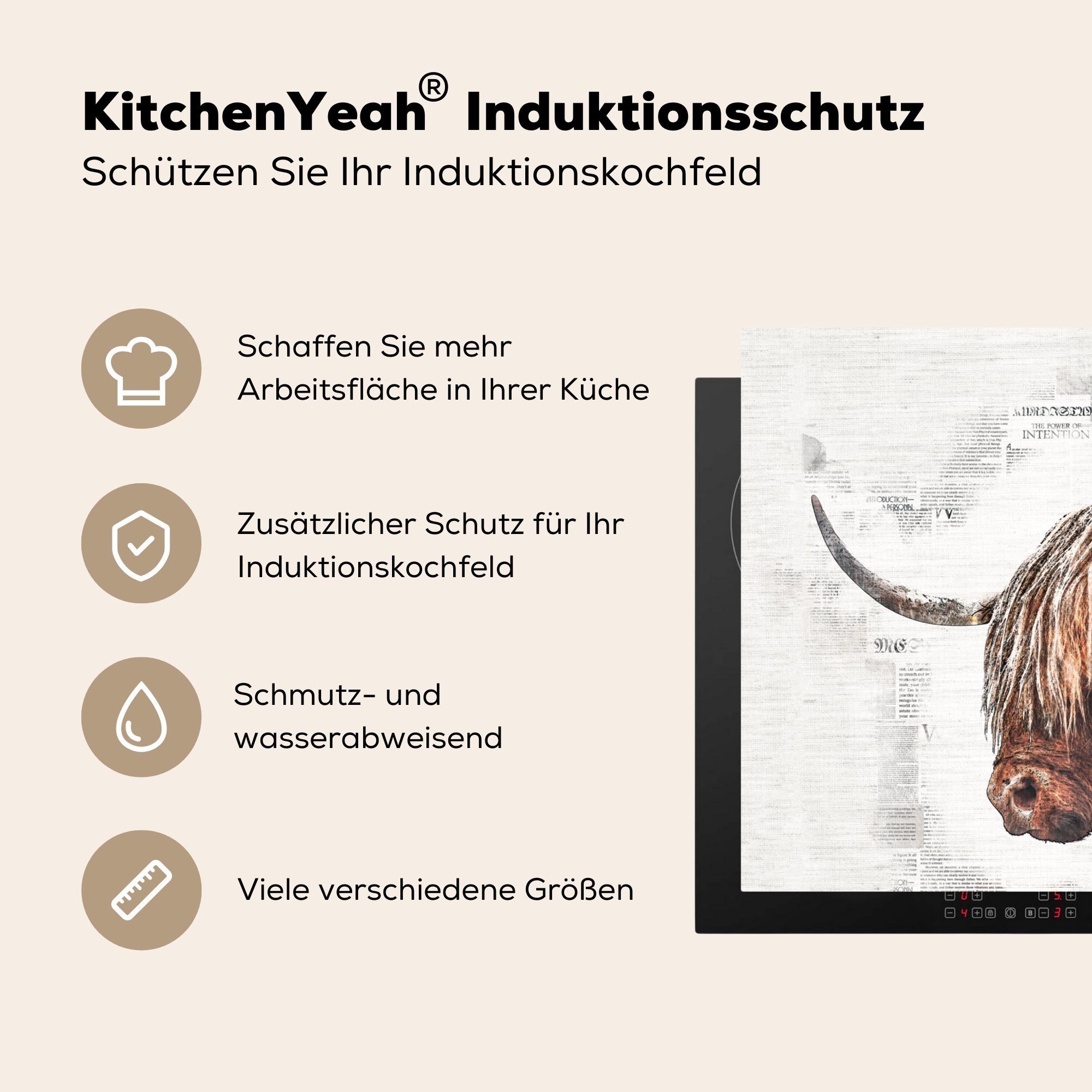 MuchoWow Herdblende-/Abdeckplatte Schottischer Highlander - für cm, Arbeitsplatte Ceranfeldabdeckung, (1 Vinyl, tlg), küche 78x78 Zusammenfassung