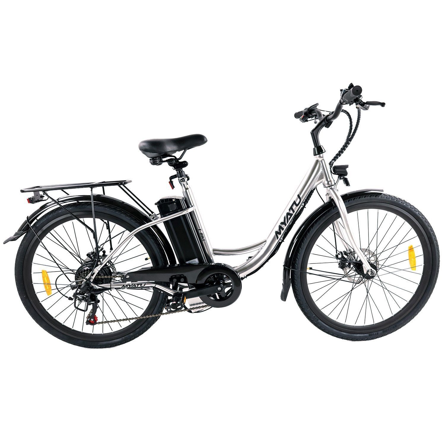Myatu E-Bike tiefeinsteiger-Rahmen, Silber Cityfahrrad 26 100km Damenfahrrad zu Reichweite Zoll Gang, von mit Hinterradmotor, 6 bis E