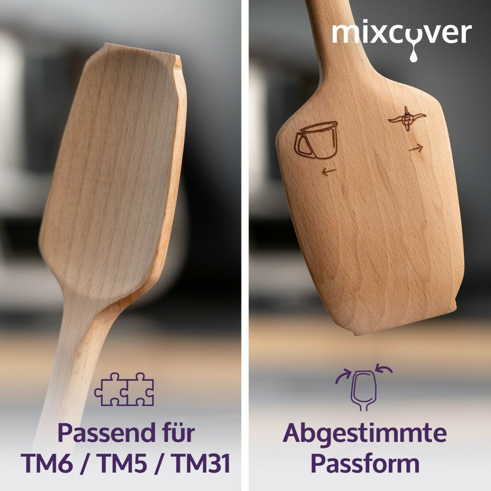Mixcover Küchenmaschinen-Adapter Thermomix TM6,TM5,TM31 Teigschaber mixcover Holz-Spatel Nachhaltiger Drehkellenspatel für