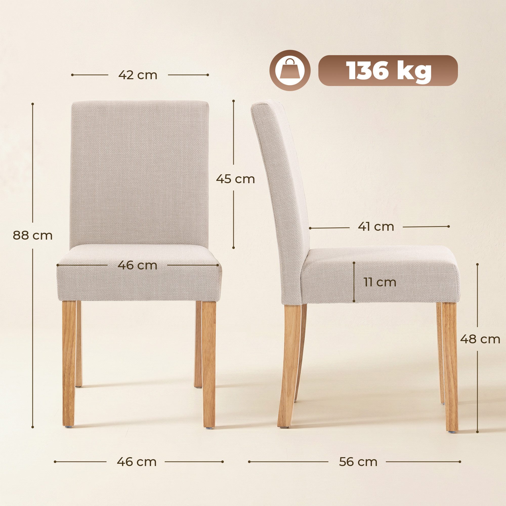 HOMCOM Esszimmerstuhl Küchenstuhl mit Rückenlehne, Leinenoptik, Moderner Polsterstuhl (Essstuhl, 2 St), für Esstisch, Wohnzimmer, Esszimmer, Beige – Bild 3 von 5