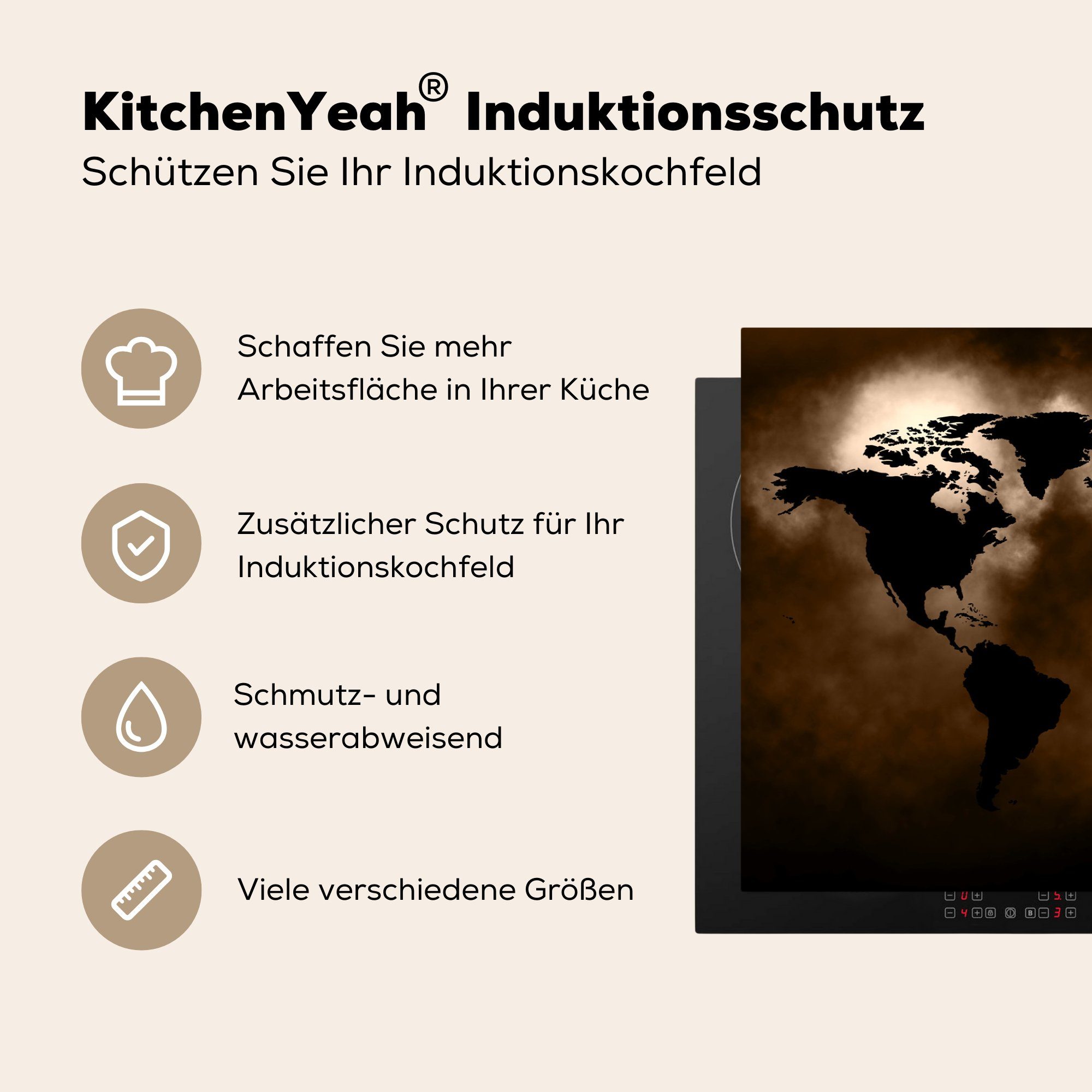 MuchoWow Herdblende-/Abdeckplatte cm, tlg), die Braun, Induktionskochfeld - Vinyl, Schutz Schwarz - Weltkarte 81x52 für küche, Ceranfeldabdeckung (1