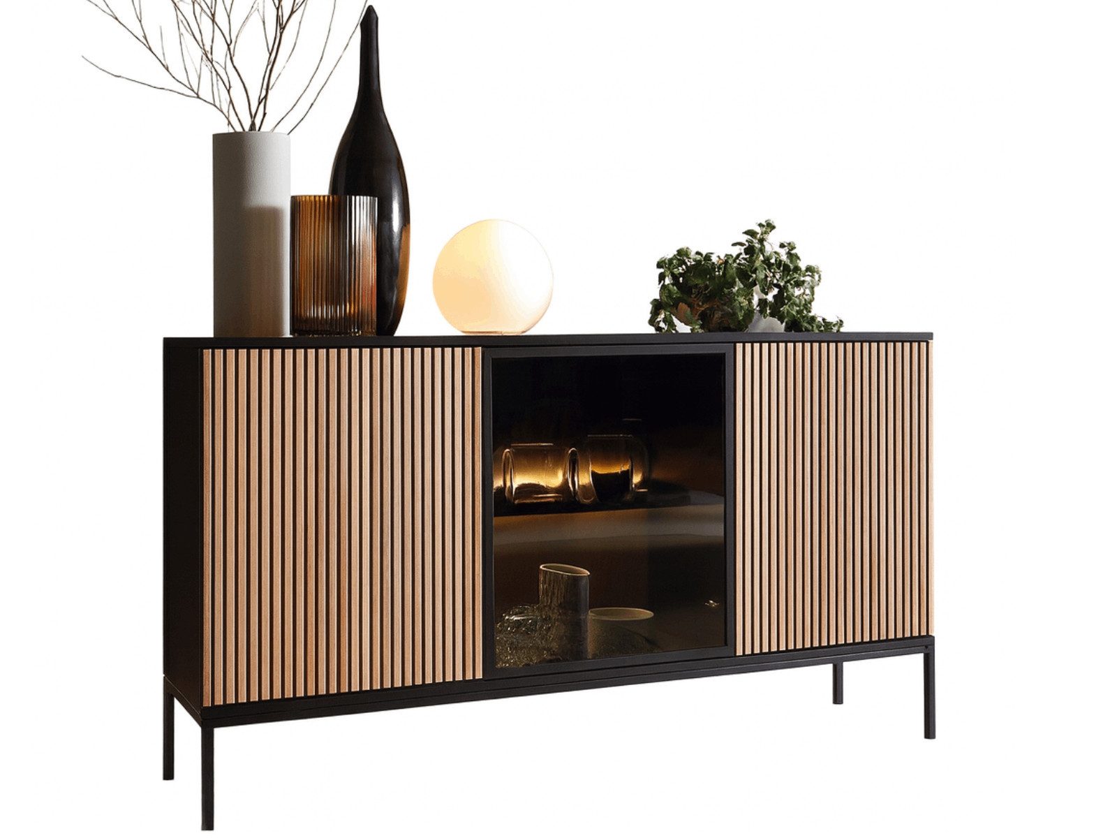 yourhouse24 Kommode SANTIA 154 cm 3D Industrial LED-Vitrine Eiche Schwarz