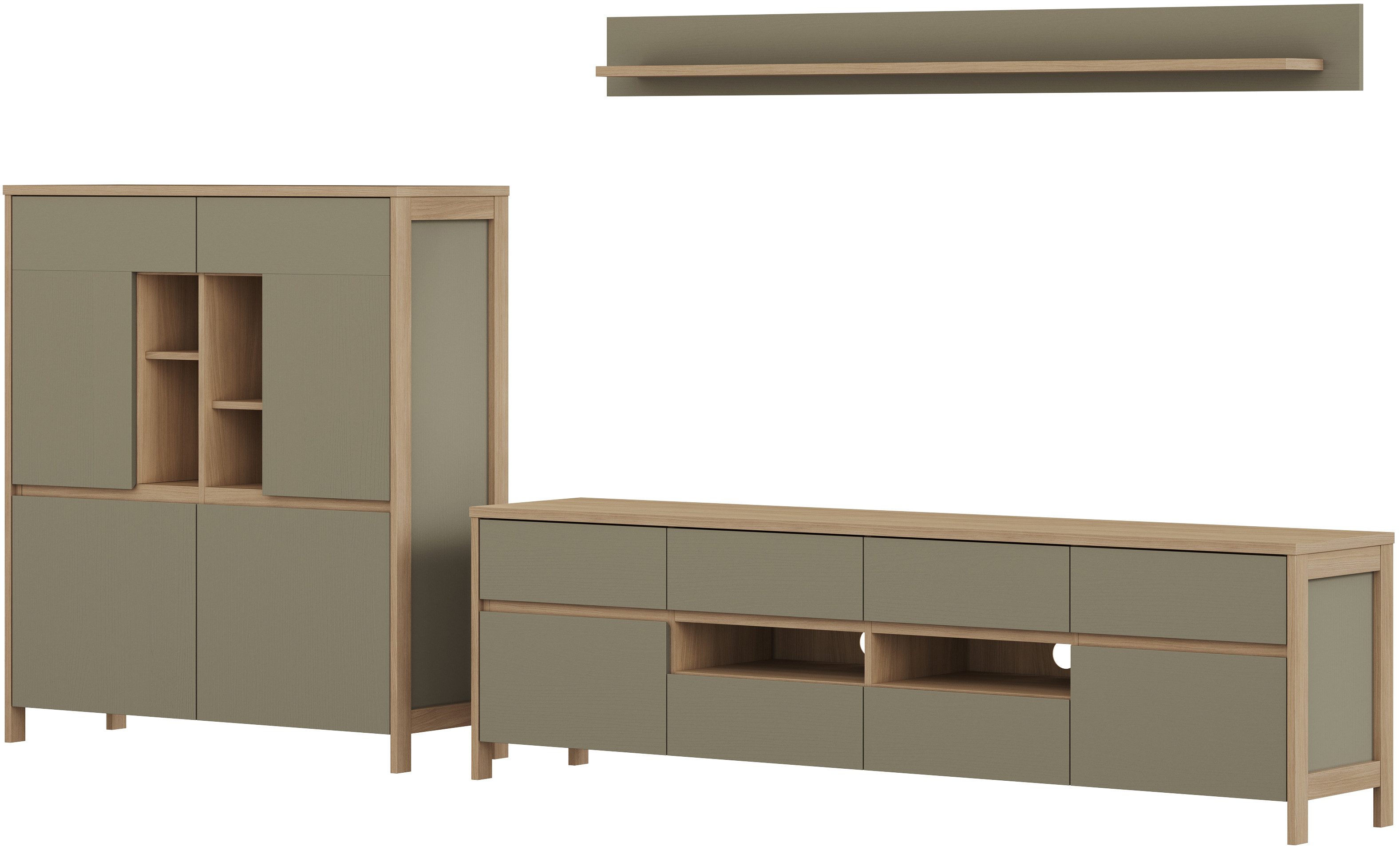 Home affaire Wohnwand Stranda, moderne Anbauwand, Komplettset im Scandi-Style, (3-St), enthält Lowboard, Highboard und Wandboard, 324 cm breit
