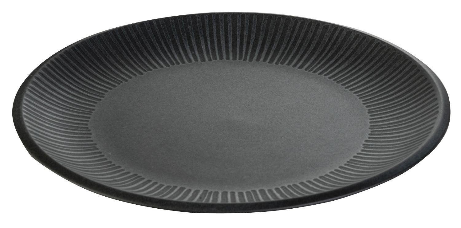Home4You Speiseteller 4er Set, Schwarz, Ø 27 cm, Steingut, mit linienförmiger Reliefprägung