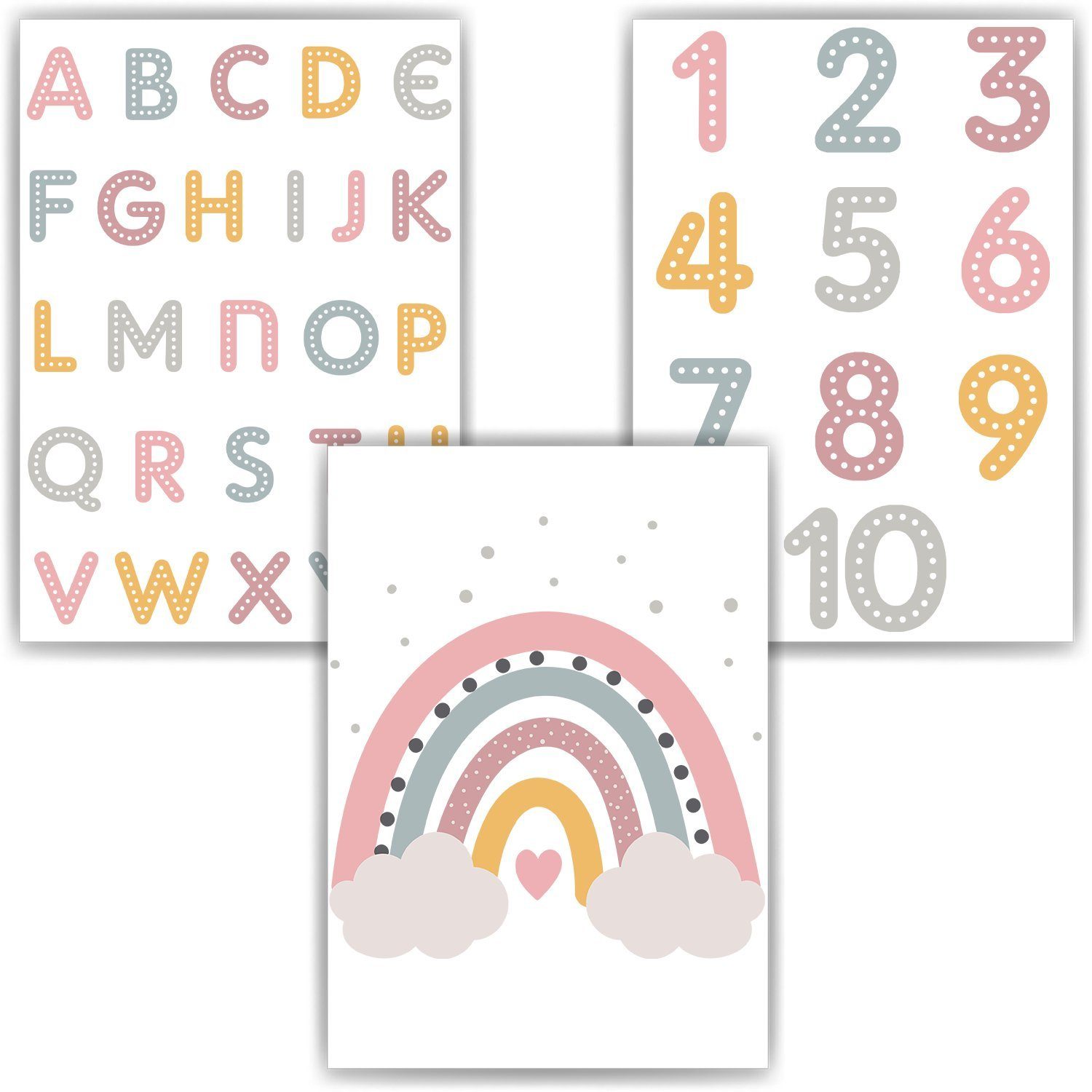 Tigerlino Poster ABC Zahlen Kinderposter 3er Set Alphabet Lernposter Buchstaben Zahlen