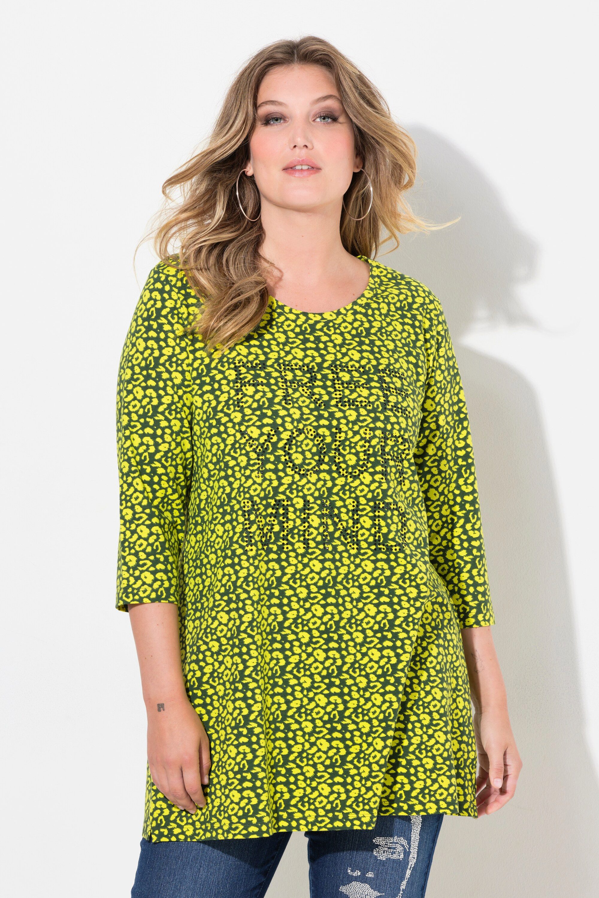 Longshirt Longshirt Leomuster Glitzer-Statement 3/4-Ärmel