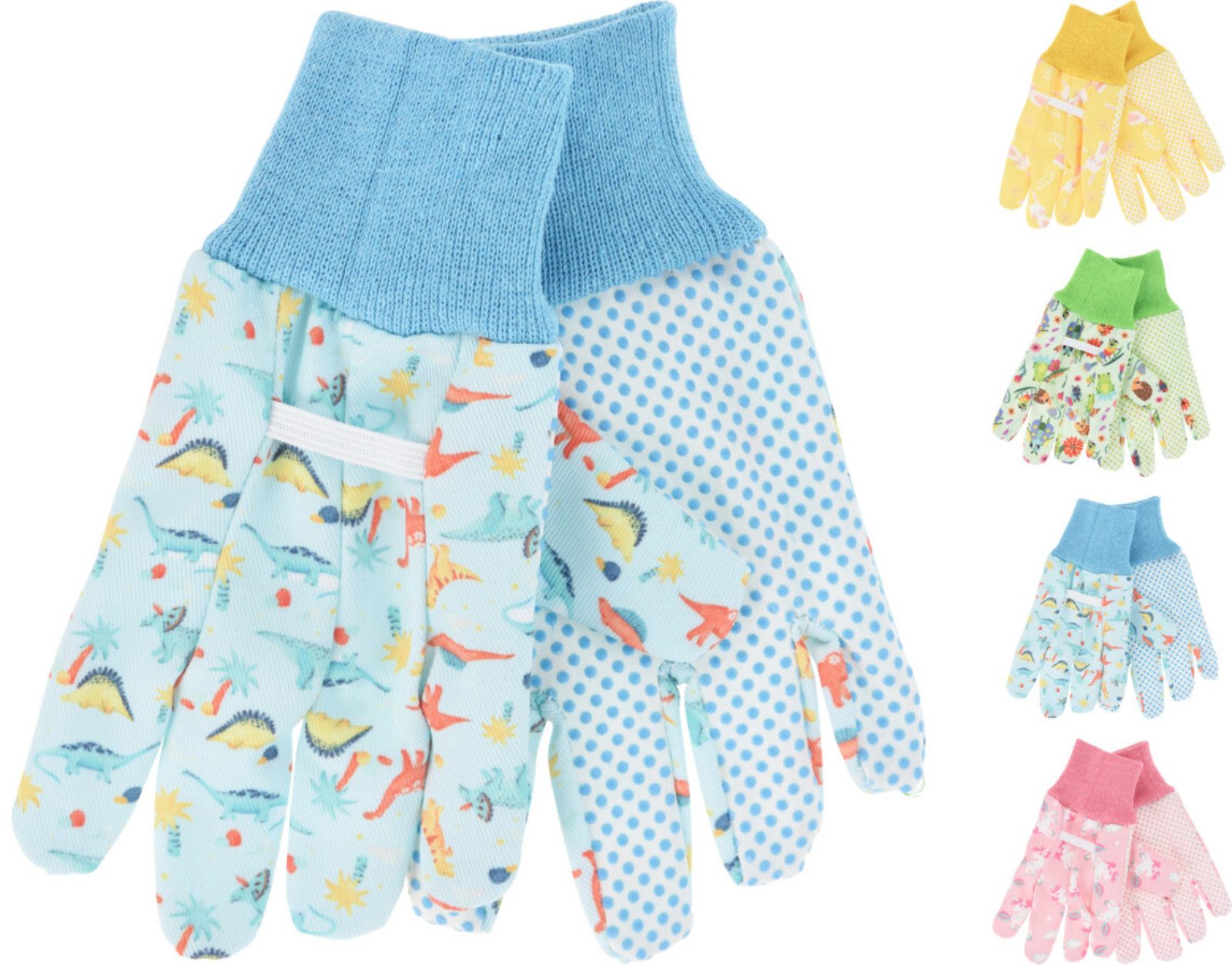 Koopman Gartenhandschuhe Kinderhandschuh Tiermotiv Stoff Einheitsgröße Gelb/Rosa/Grün/Blau (Stück, 1-St., Packung) Kinderhandschuhe, mit Dinosaurier Motiv, Einh – Bild 3 von 3