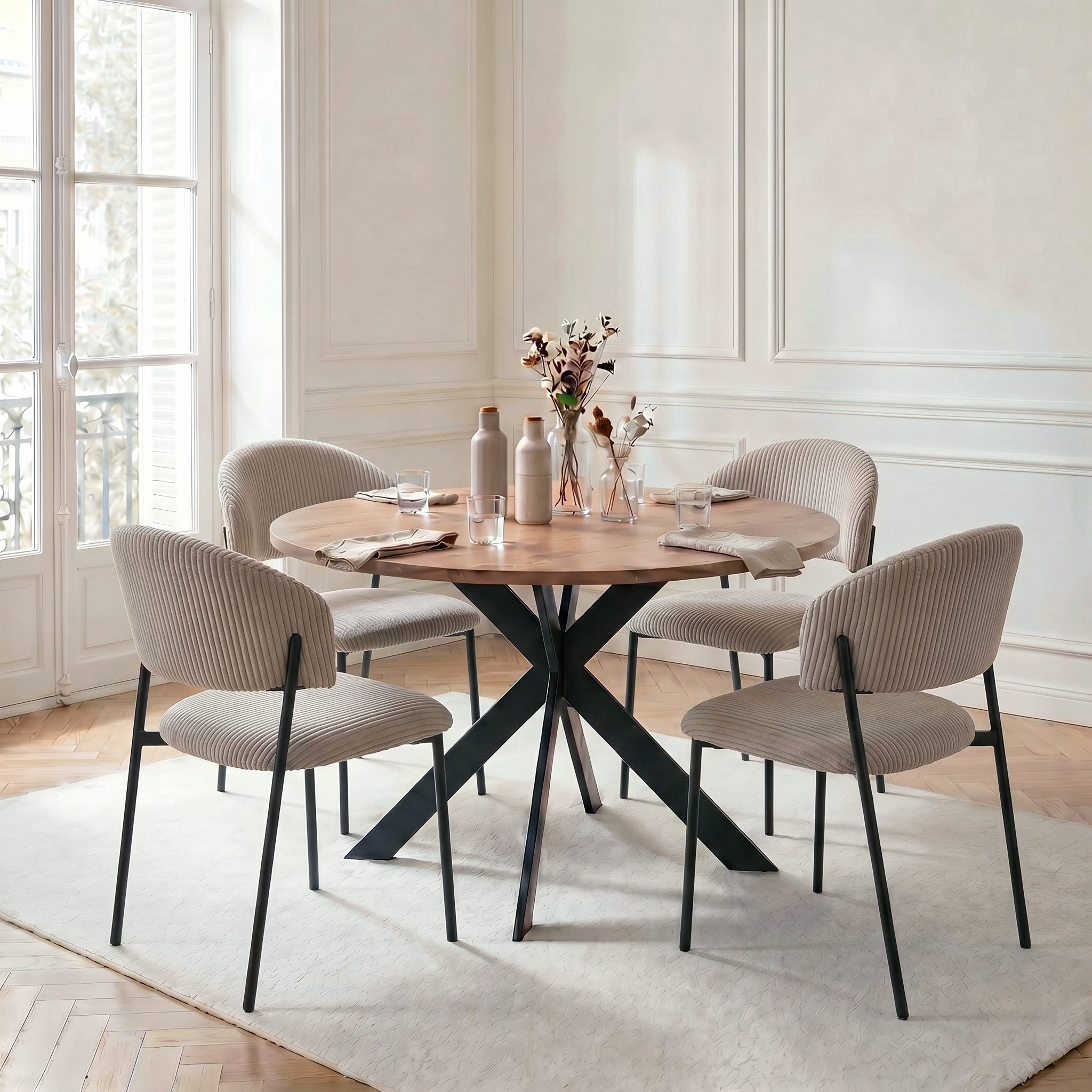 Jiexi Essgruppe Runder Esstisch 110cm MDF Set mit 4 Cord Stühlen Kreuzgestell