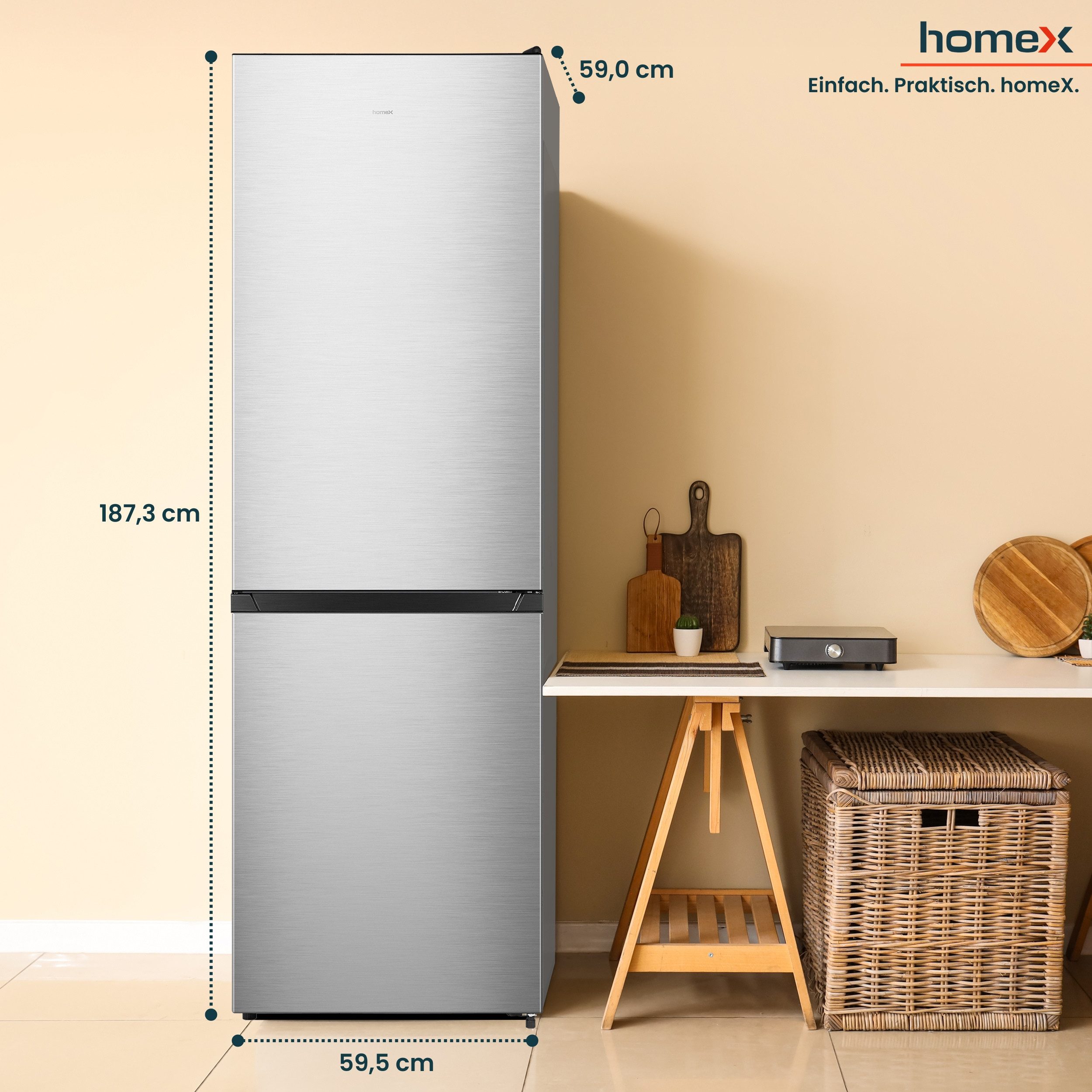 homeX Kühl-/Gefrierkombination CFSN3041A-S, 187.3 cm hoch, 59.5 cm breit, No Frost, 304 L, Kühlschrank mit Gefrierfach, EEK A, freistehend, groß