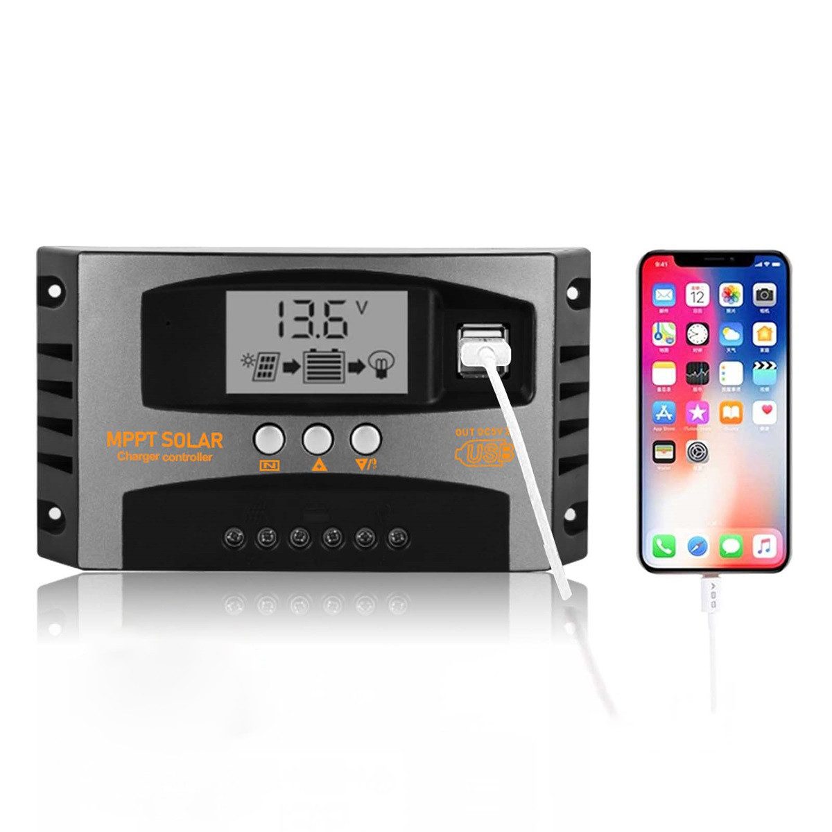 Rhein Beleuchtung Solarmodul MPPT PV-Panel-Laderegler mit LCD-Display, 40A/100A, (Mehrfachschutz für Solarbatterien & flexible Batterietypen), Kompatibel mit 12V/24V Systemen & Dual-USB (2×5V/2A)