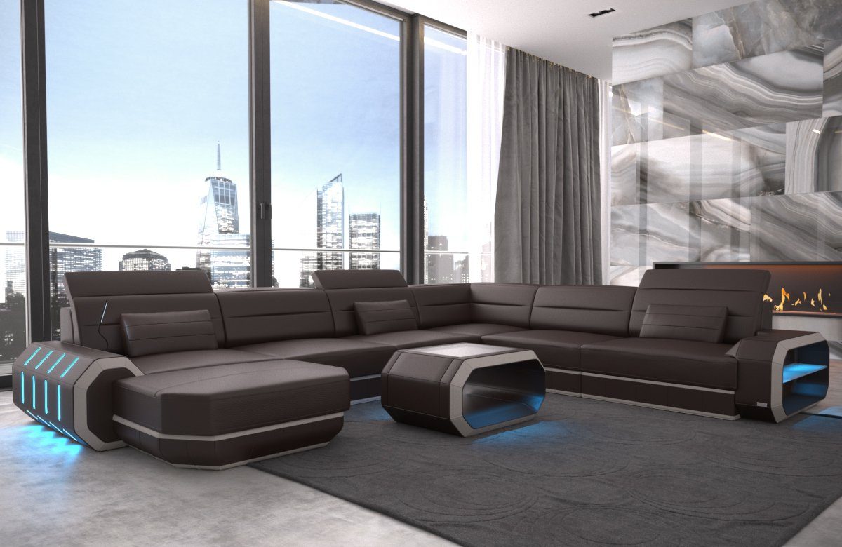 Sofa Dreams Wohnlandschaft Ledercouch Leder Sofa Roma XXL U Form Ledersofa, Couch, mit LED, wahlweise mit Bettfunktion als Schlafsofa, Designersofa