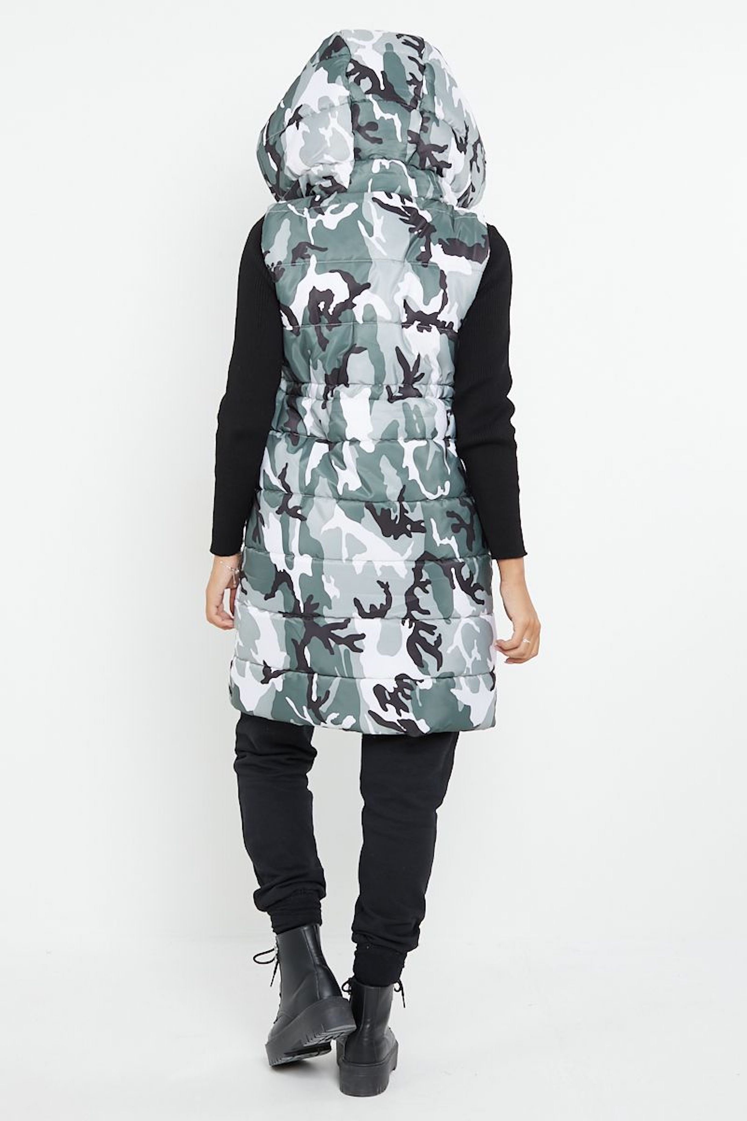 Worldclassca Steppweste Worldclassca STEPPWESTE LANG CAMOUFLAGE KAPUZE ÄRMELLOS ÜBERGANGSJACKE