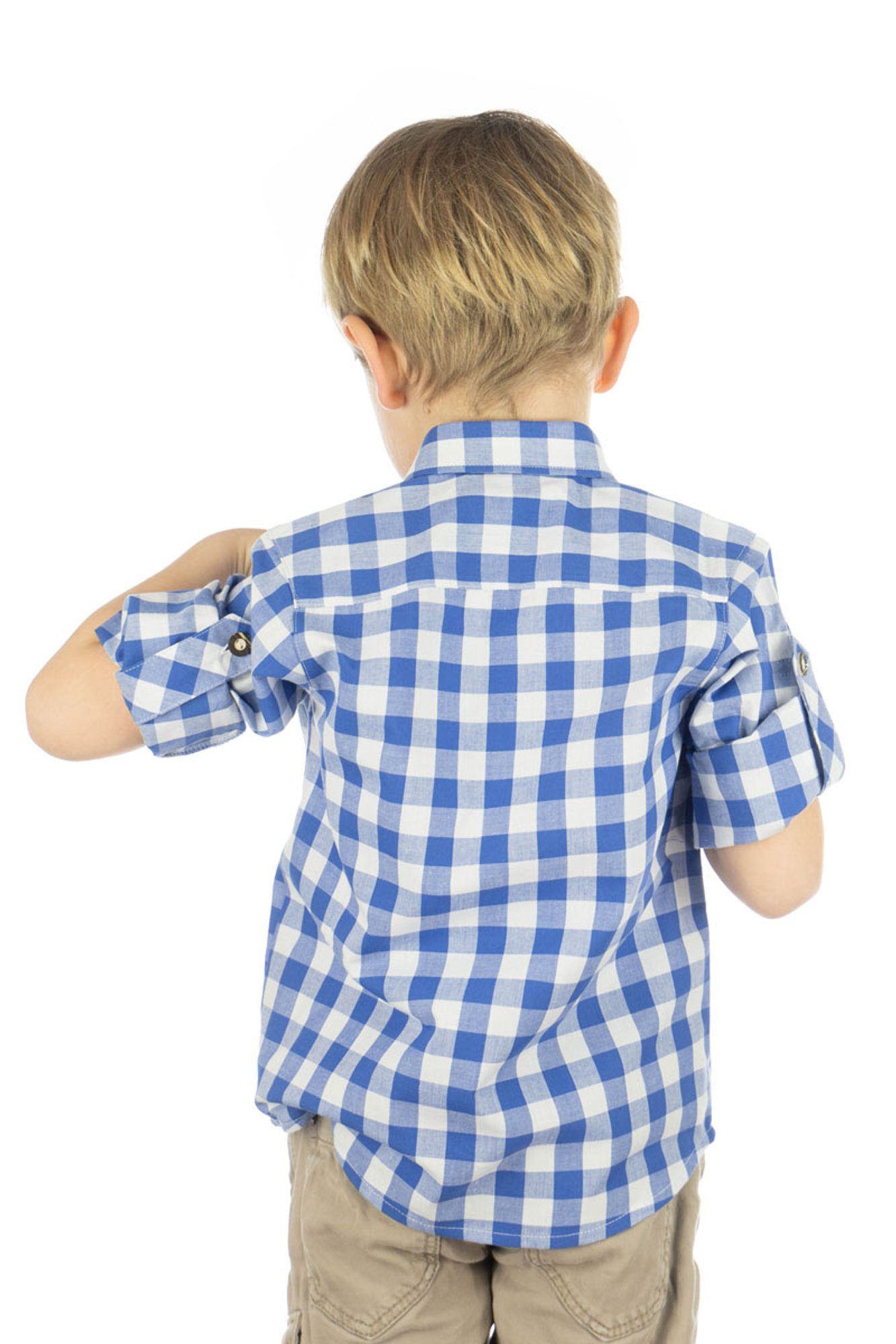 Brumtu auf Brusttasche der Hirsch-Stickerei OS-Trachten Hemd Jungen Trachtenhemd mittelblau mit Langarm