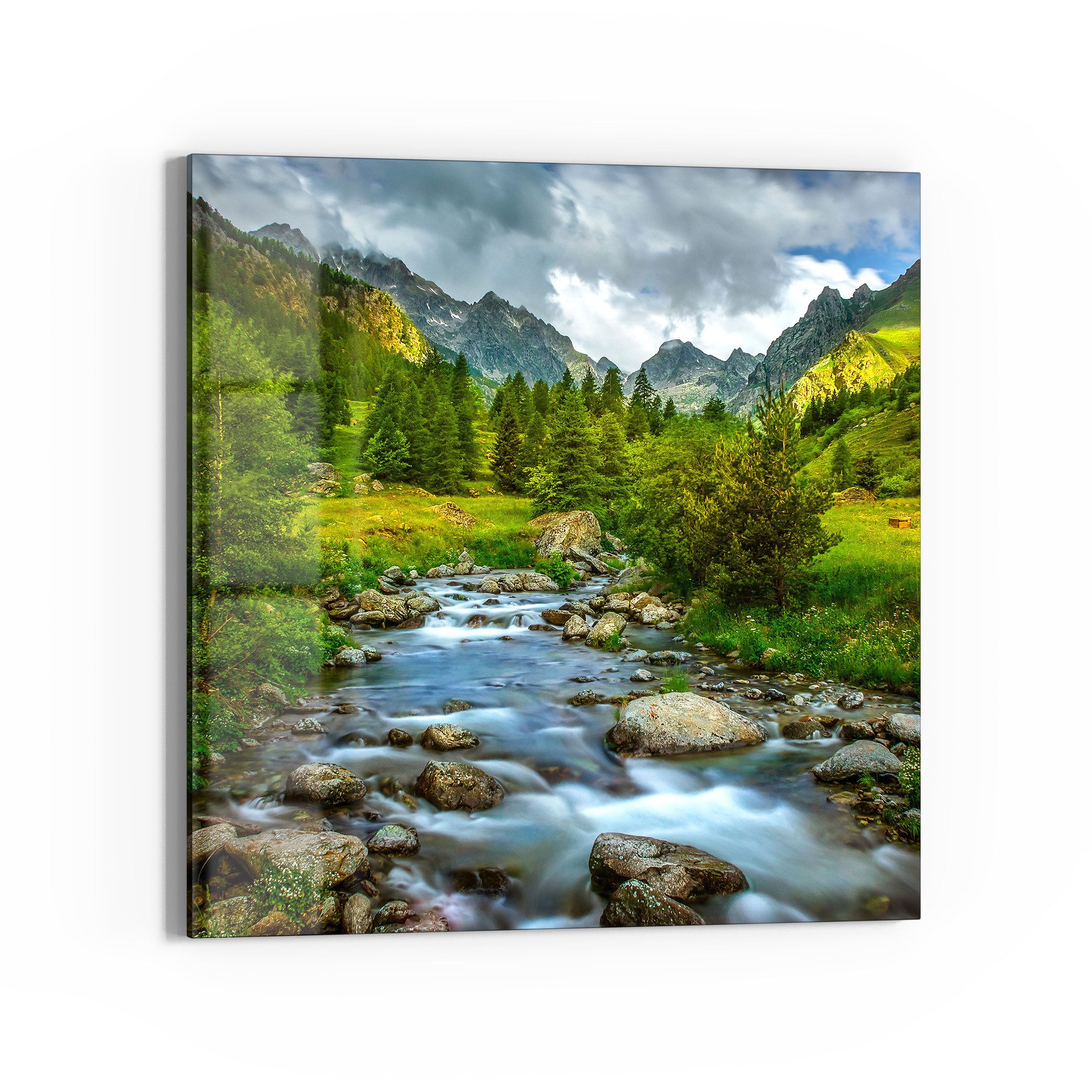 DEQORI Glasbild 'Idyllischer Bergfluss', 'Idyllischer Bergfluss', Glas Wandbild Bild schwebend modern