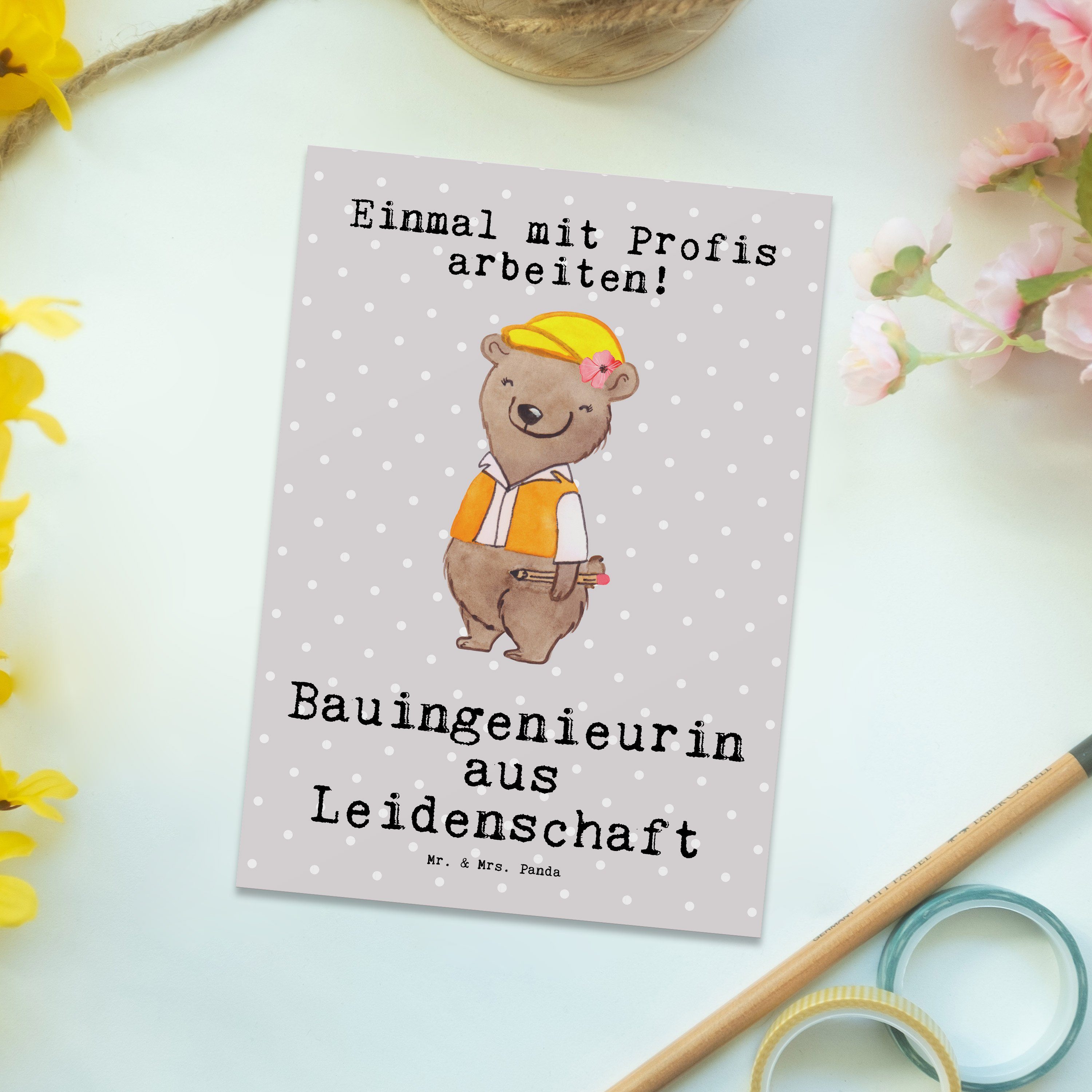 Pastell & Mrs. Mr. Postkarte - Bauingenieurin Grau Panda aus - Leidenschaft Geschenk, Statikerin