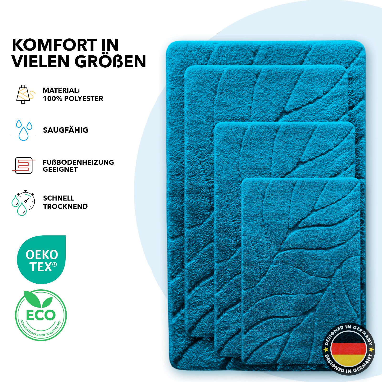 Floordirekt Badematte Maris – Flauschiger Badteppich, Blattstruktur, rutschfest & waschbar, rutschhemmend beschichtet, fußbodenheizungsgeeignet, schnell trocknend, Polyester, für Fußbodenheizung geeignet, dichter Flor, 40x60 cm, Türkis