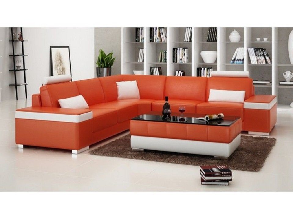 Polster Wohnlandschaft Couch Sofa Orange/Weiß Ecksofa JVmoebel Ledersofa Couch Sitz Ecksofa, L-Form