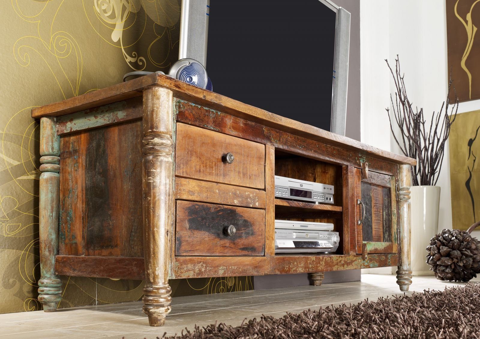 Massivmoebel24 TV-Board FABLE (Massivholz), TV-Board Altholz 145x50x55 mehrfarbig lackiert FABLE #10
