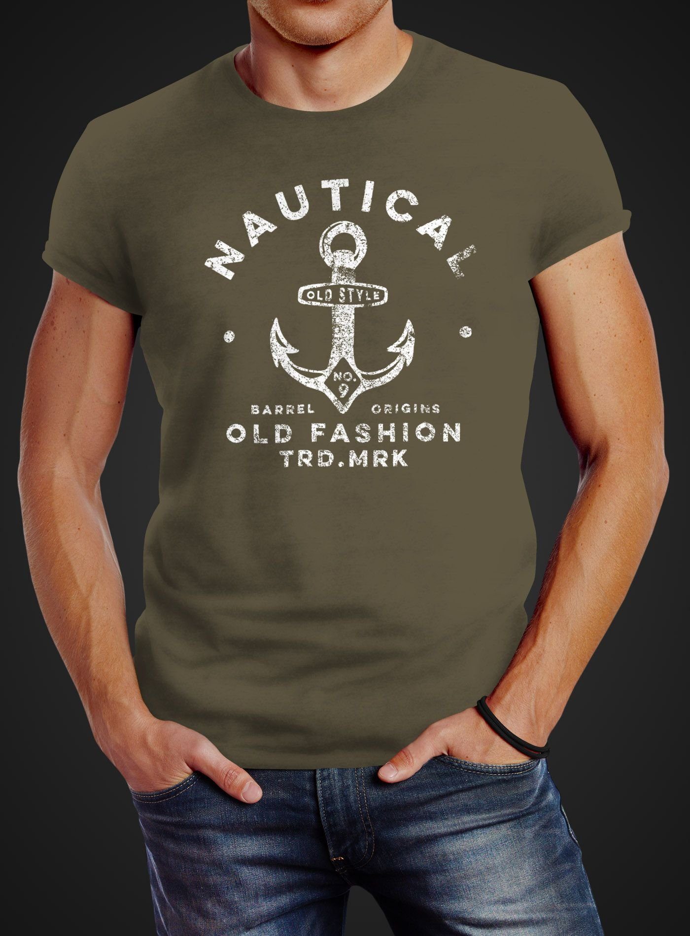 grün Design Print Fashion Neverless® Streetstyle Anker Nautical Motiv Retro T-Shirt Old Neverless Schriftzug Herren Fashion mit Print-Shirt