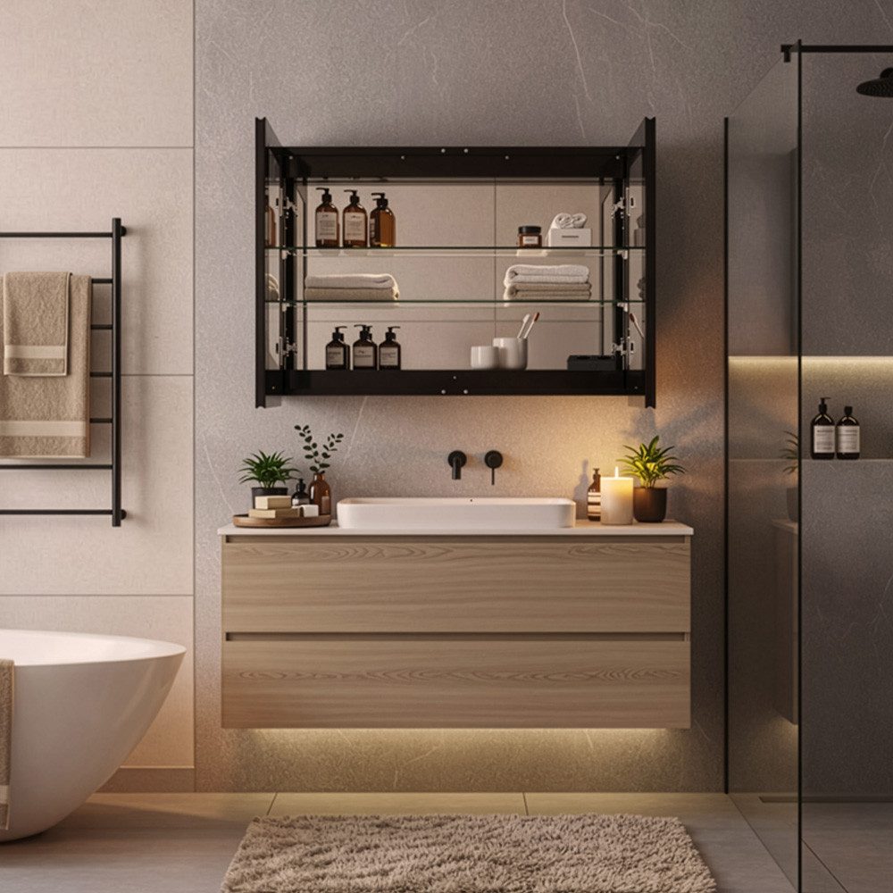 HOME DELUXE Badezimmerspiegelschrank LED-Spiegelschrank Schwarz