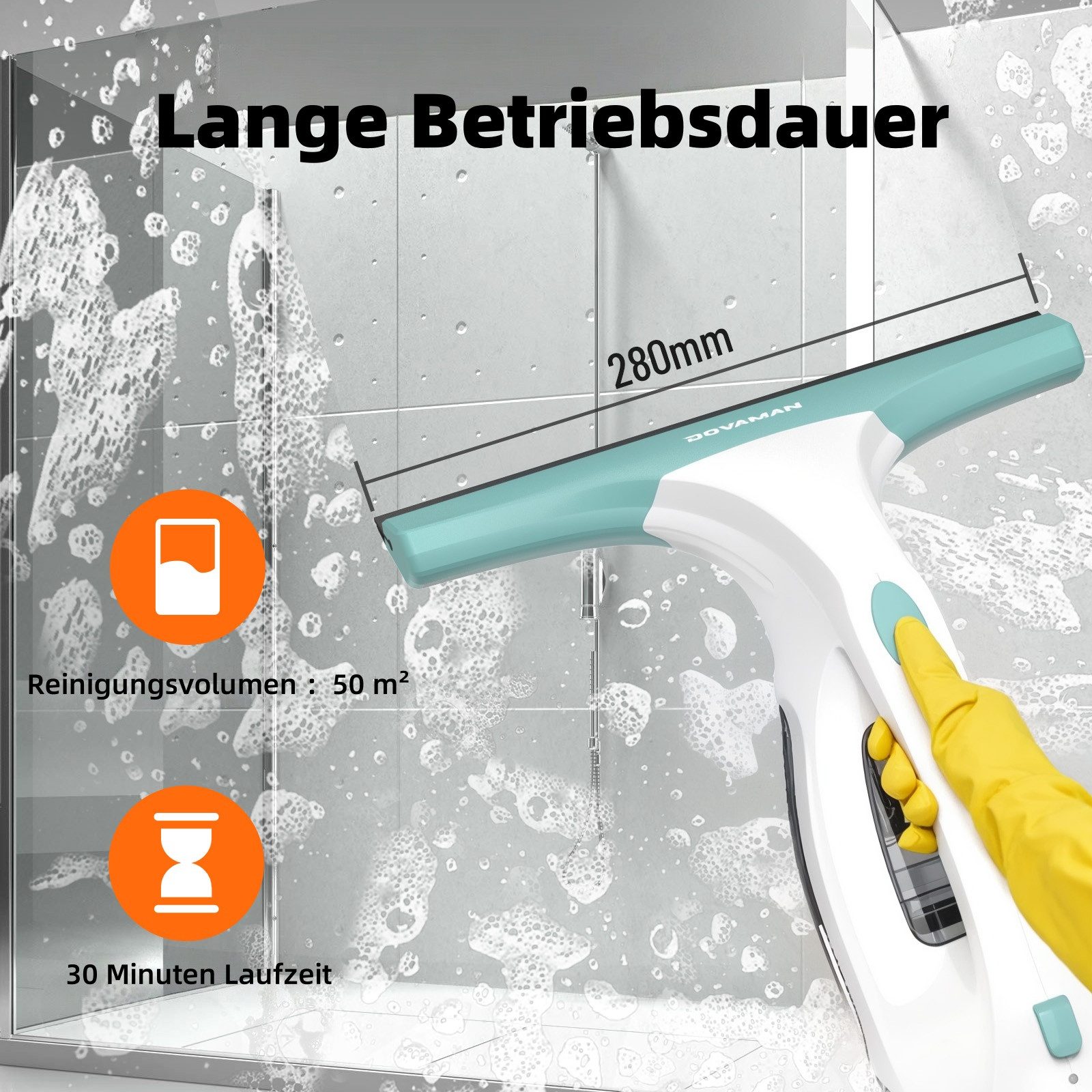 DOVAMAN Akku-Fenstersauger 30 Min Laufzeit, 280 mm Düse, 150 ml Tank, Sprühflasche & 2 Tüchern